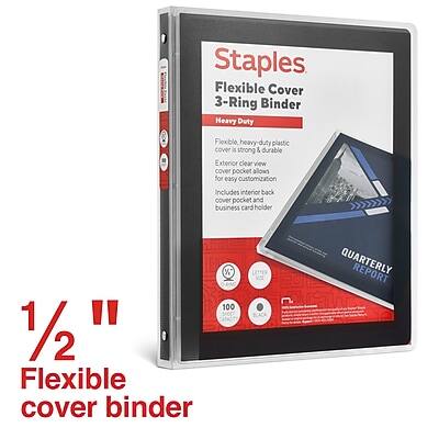Staples Flexible Cover 3-Ring Binder  
Heavy Duty  

Flexible, heavy-duty plastic cover  
Exterior clear view cover pocket allows for easy customization  
Includes interior back cover pocket and business card holder  

1/2" Flexible cover binder  

QUARTERLY REPORT