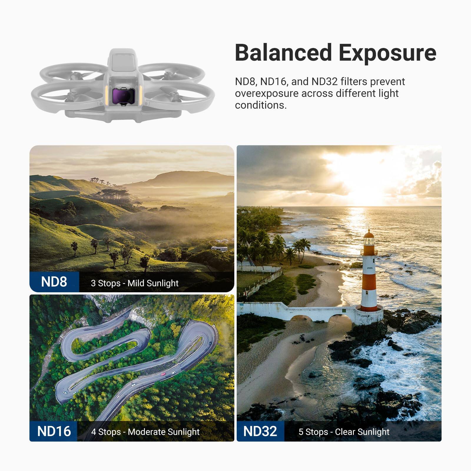 Balanced Exposure ND8, ND16, and ND32 filters prevent overexposure across different light conditions.

ND8  
3 Stops - Mild Sunlight

ND16  
4 Stops - Moderate Sunlight

ND32  
5 Stops - Clear Sunlight