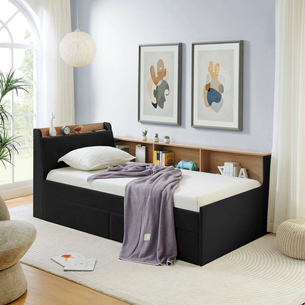 Alt View 5. Kadyn - Twin Size Upholstered Velvet Daybed with Storage Headboard, Wireless Charging, 2 Drawers & LED Lights - Black.