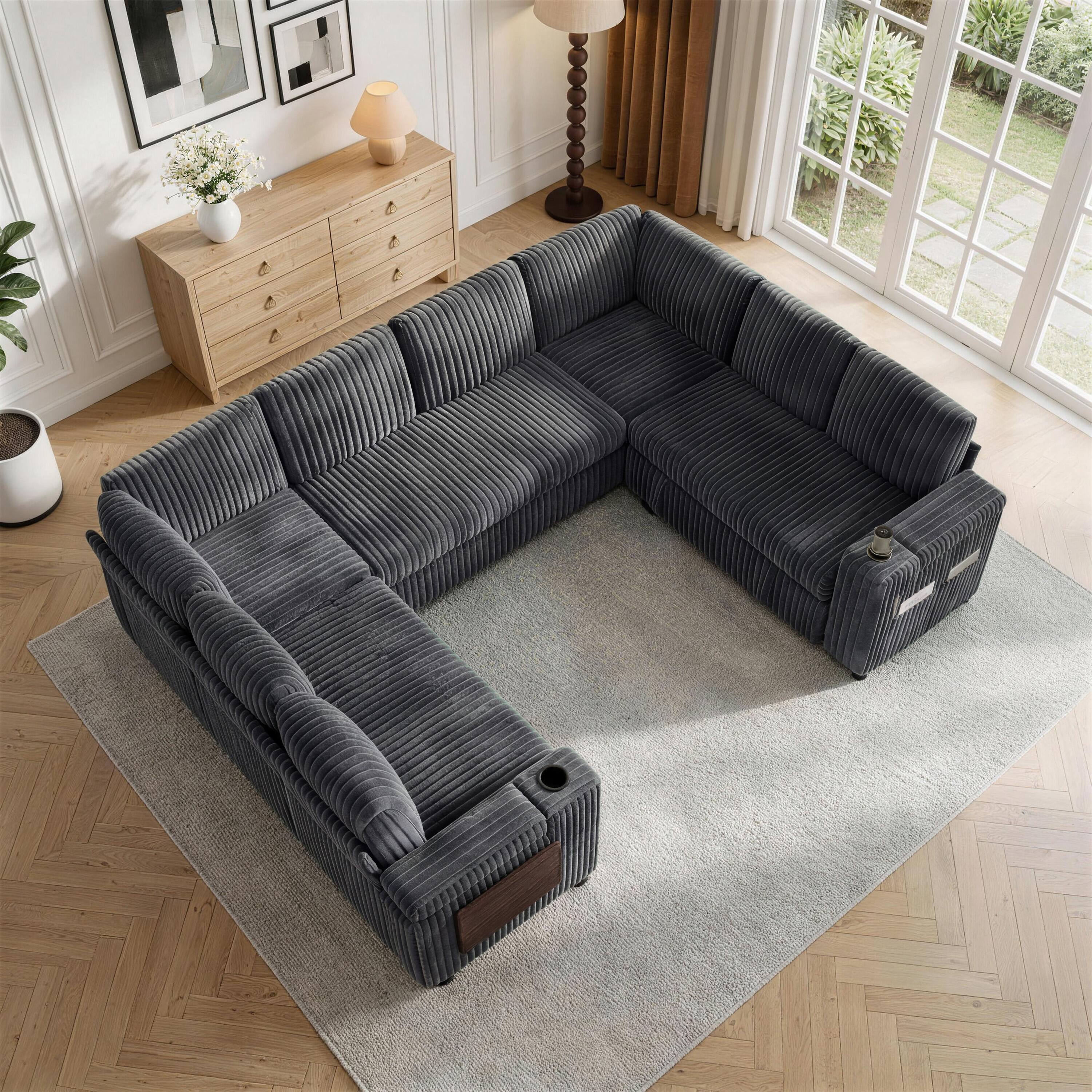 Left. Dyonery - Dyonery 8 Seat Modular Sectional Sleeper Sofa with Pull Out Bed, L Shaped with Reclining Backrest,Corduroy Gray - Gray.