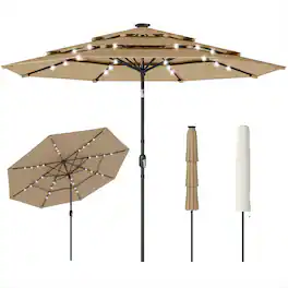 Outsunny - ft Outdoor Patio Umbrella with Solar LED Lights, 3 Tier Outdoor Table Umbrella with Tilt - Khaki