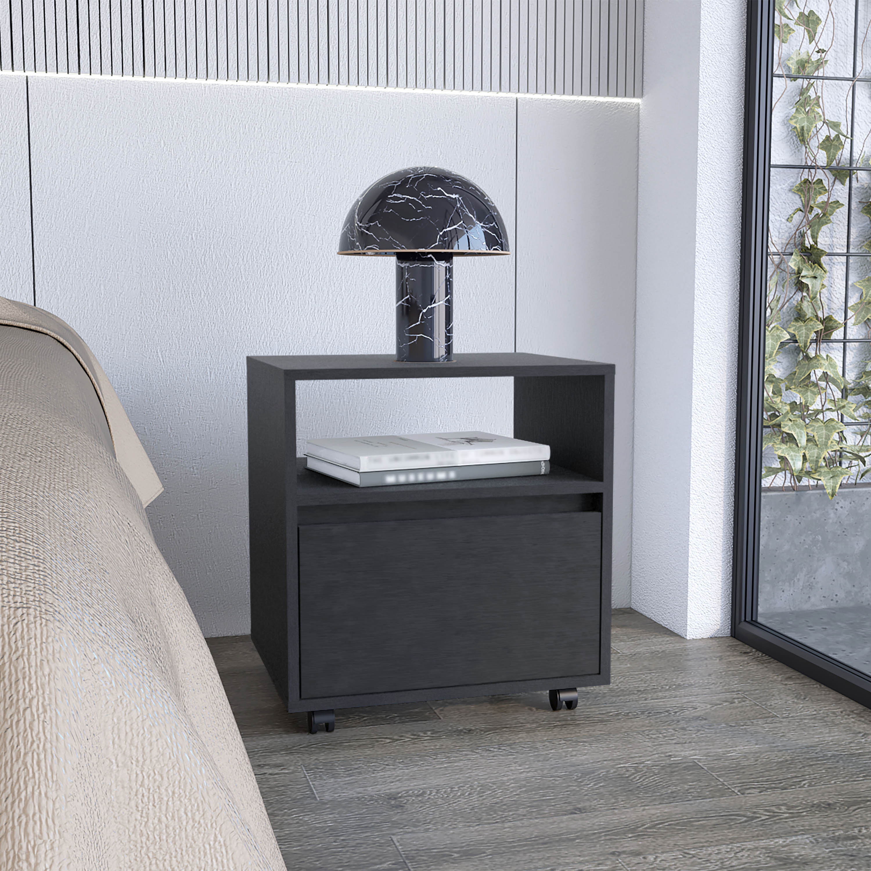Front. Tiramisubest - Black Nightstand with Open Shelf, Drawer, and Casters, 20\ - Black.
