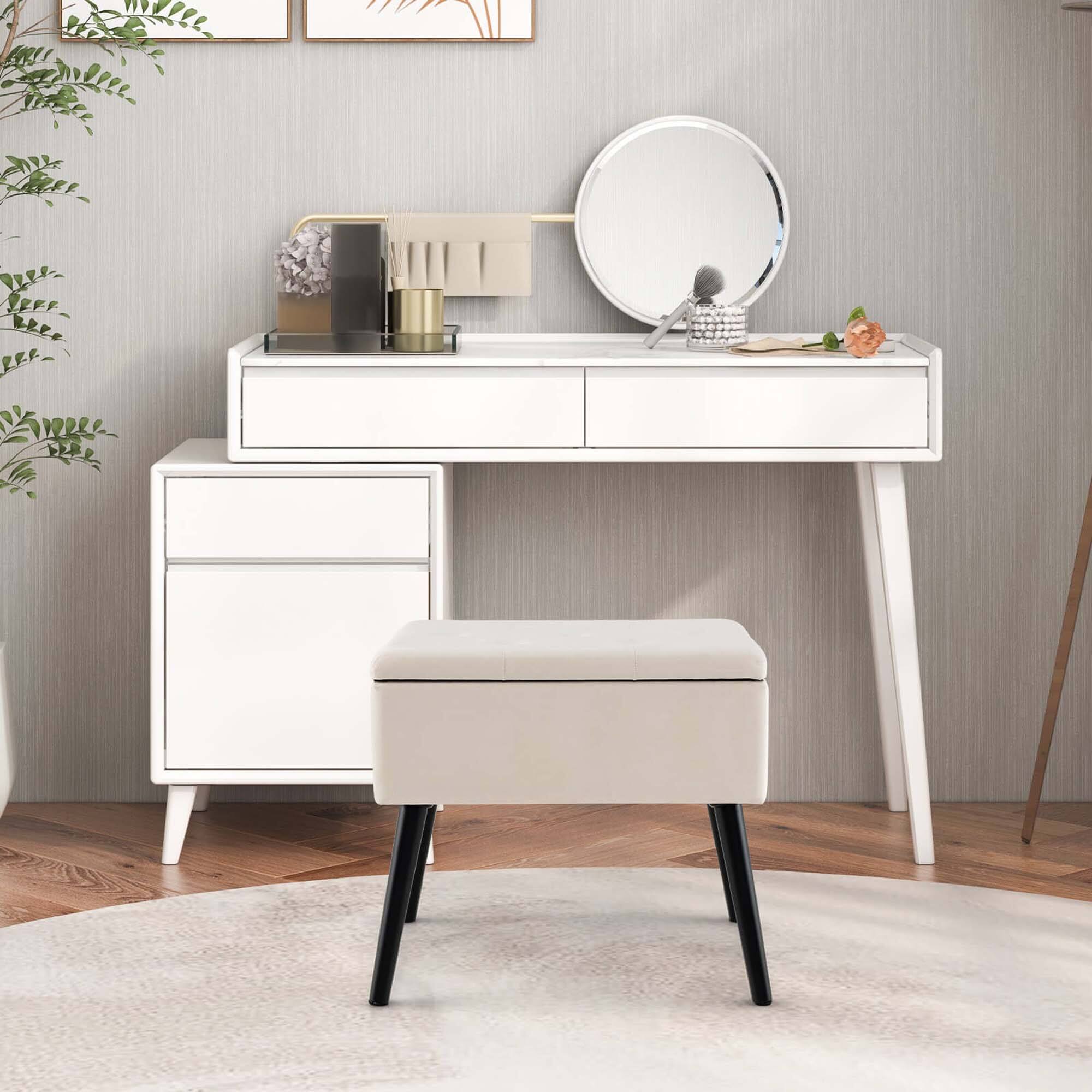 Alt View 1. Costway - Costway 2 PCS Velvet Vanity Stool Ottoman with Storage Solid Wood Legs Flip-Up Top Beige - Beige.