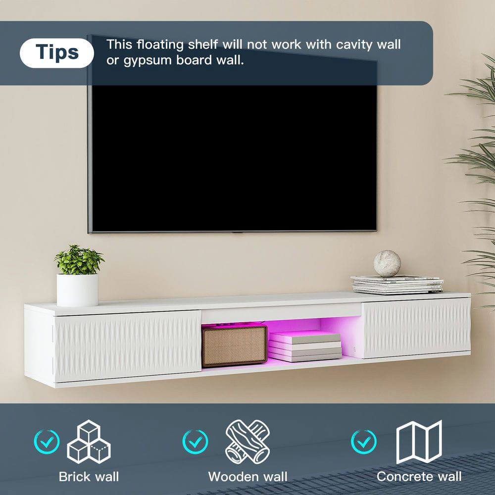 Tips  
This floating shelf will not work with cavity wall or gypsum board wall.

- Brick wall
- Wooden wall
- Concrete wall