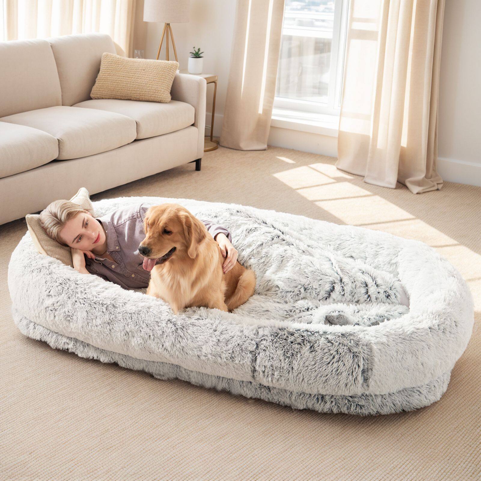 Back. Mirfee - Human Dog Bed for People and Pets, Large Orthopedic Washable Faux Fur Pet Bed with Pillow and Strap - Gray.