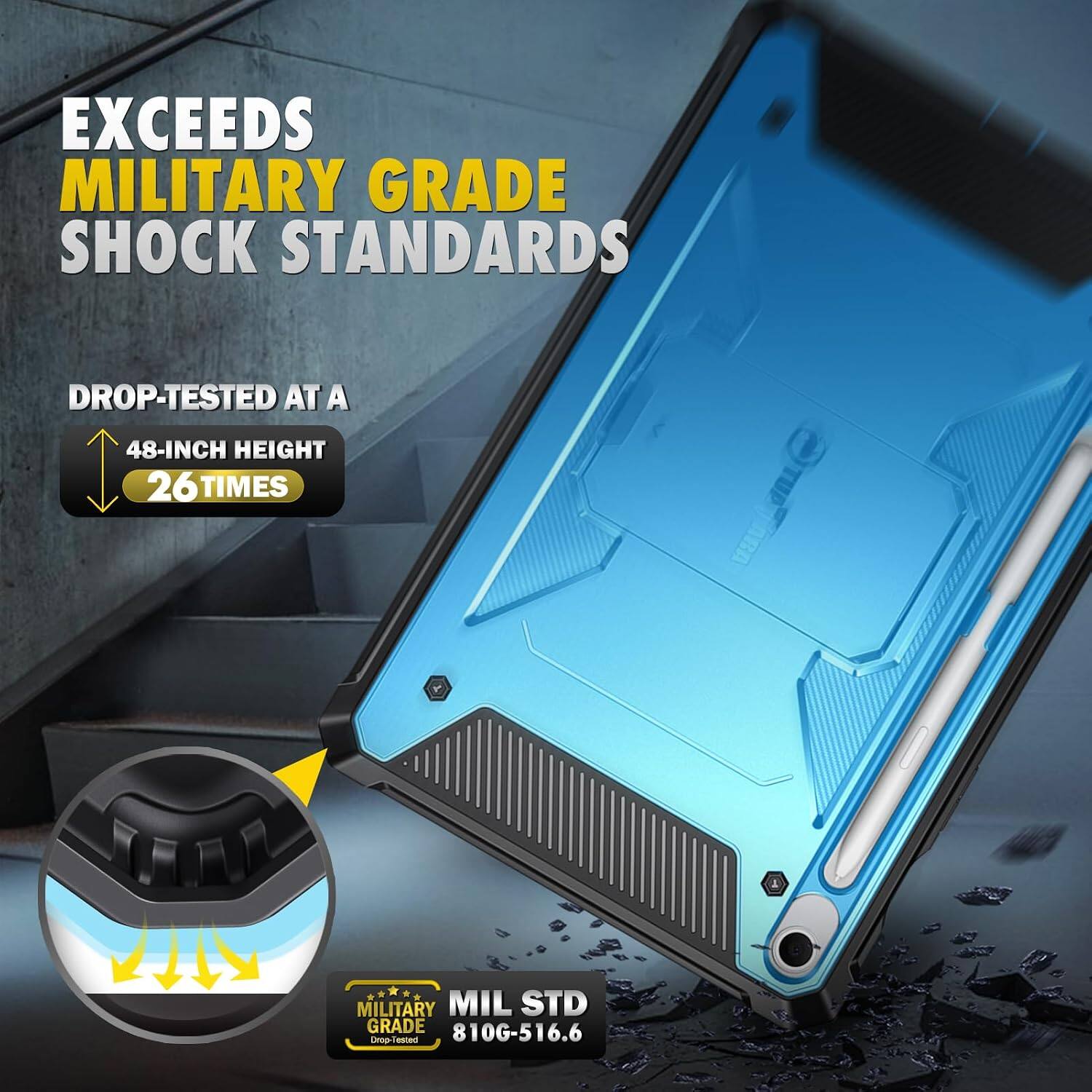 EXCEEDS MILITARY GRADE SHOCK STANDARDS

DROP-TESTED AT A
48-INCH HEIGHT 26 TIMES

MILITARY MIL STD GRADE 810G-516.6 Drop-Tested