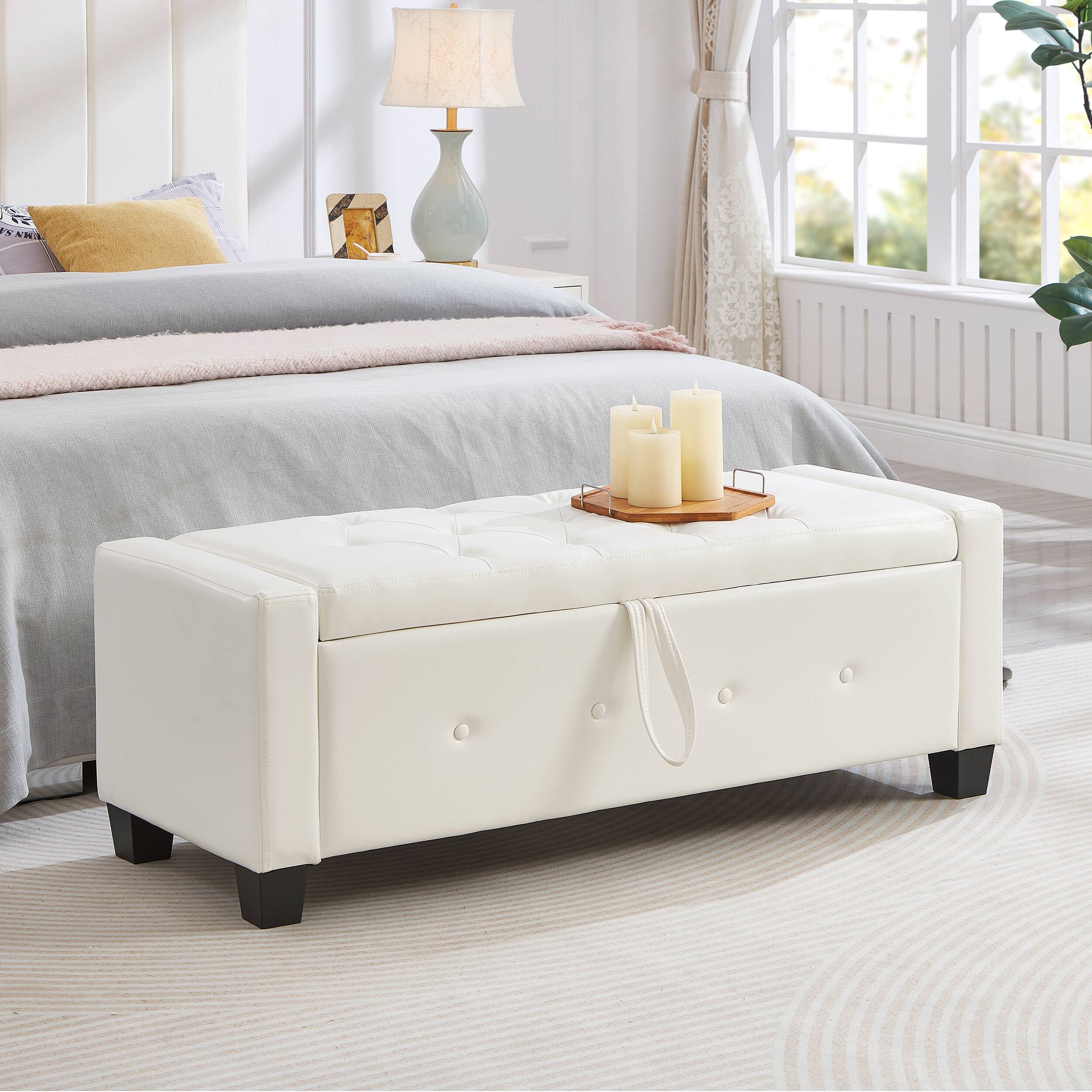 Alt View 2. GOODSILO - 48 Inch Upholstered Storage Ottoman Bench with Tufted Faux Leather Design for Living Room and Bedroom - Ivory White.