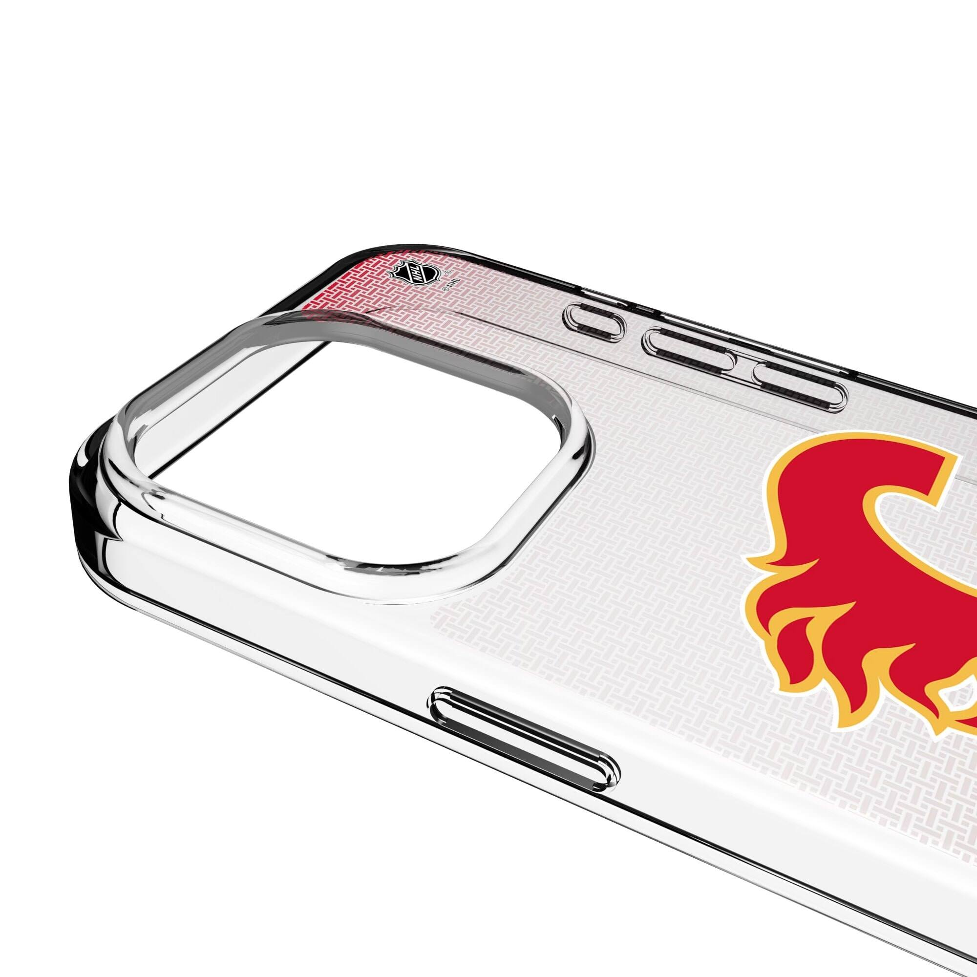 Alt View 2. Keyscaper - Calgary Flames Linen Logo iPhone Clear Case - 13 Pro Max - Multicolor.