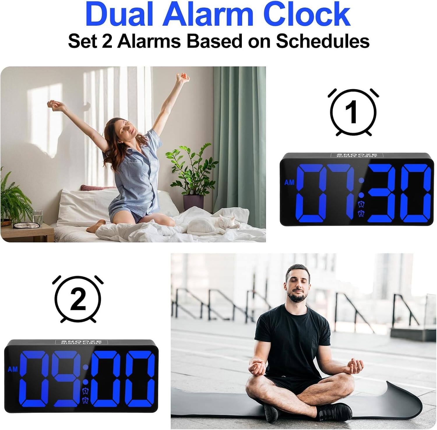 Dual Alarm Clock  
Set 2 Alarms Based on Schedules  

1. 07:30 AM  
2. 09:00 AM