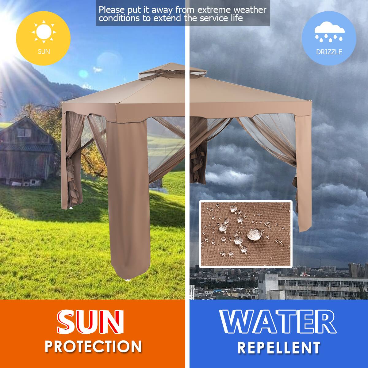 Please put it away from extreme weather conditions to extend the service life

SUN DRIZZLE SUN PROTECTION WATER REPELLENT