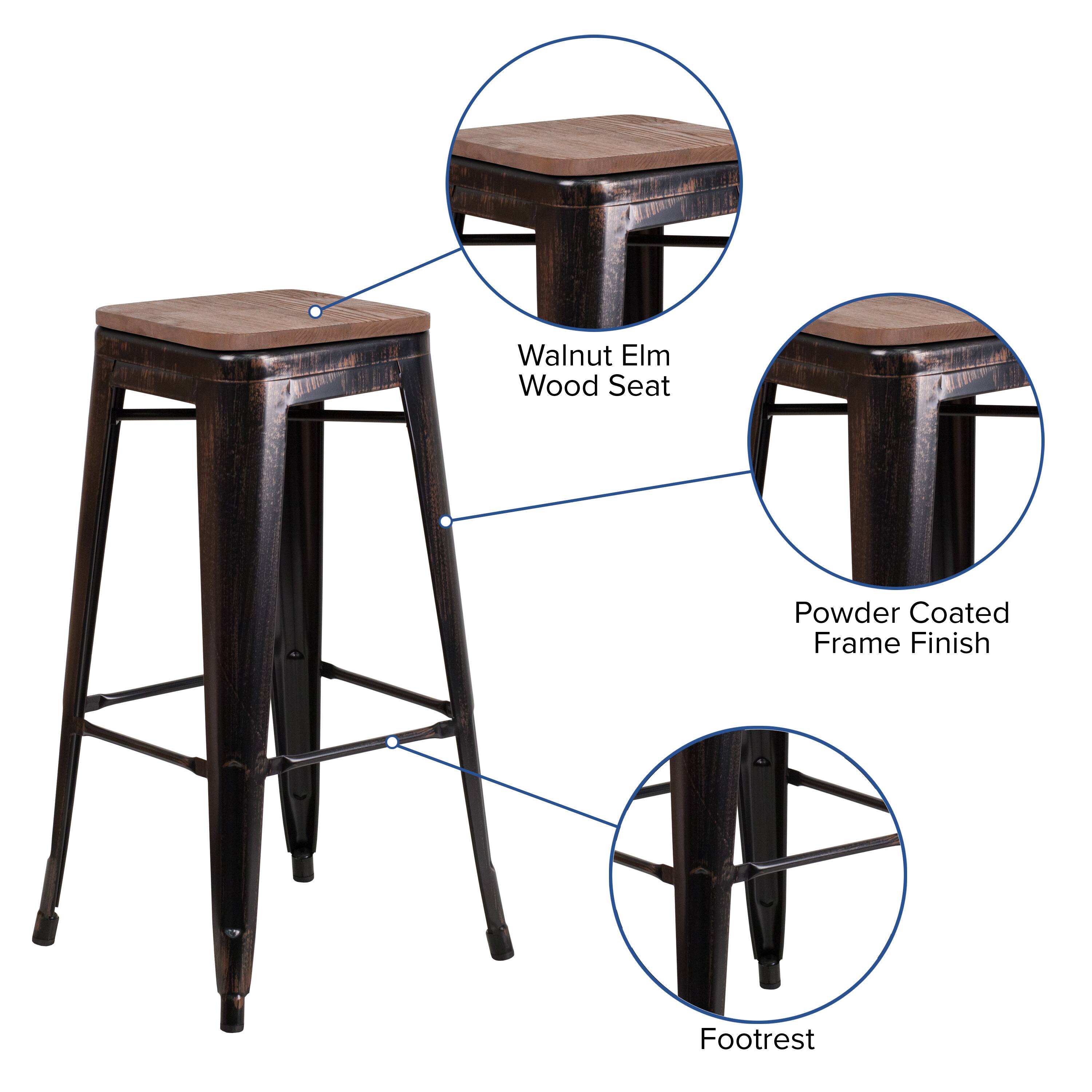 Walnut Elm Wood Seat  
Powder Coated Frame Finish  
Footrest