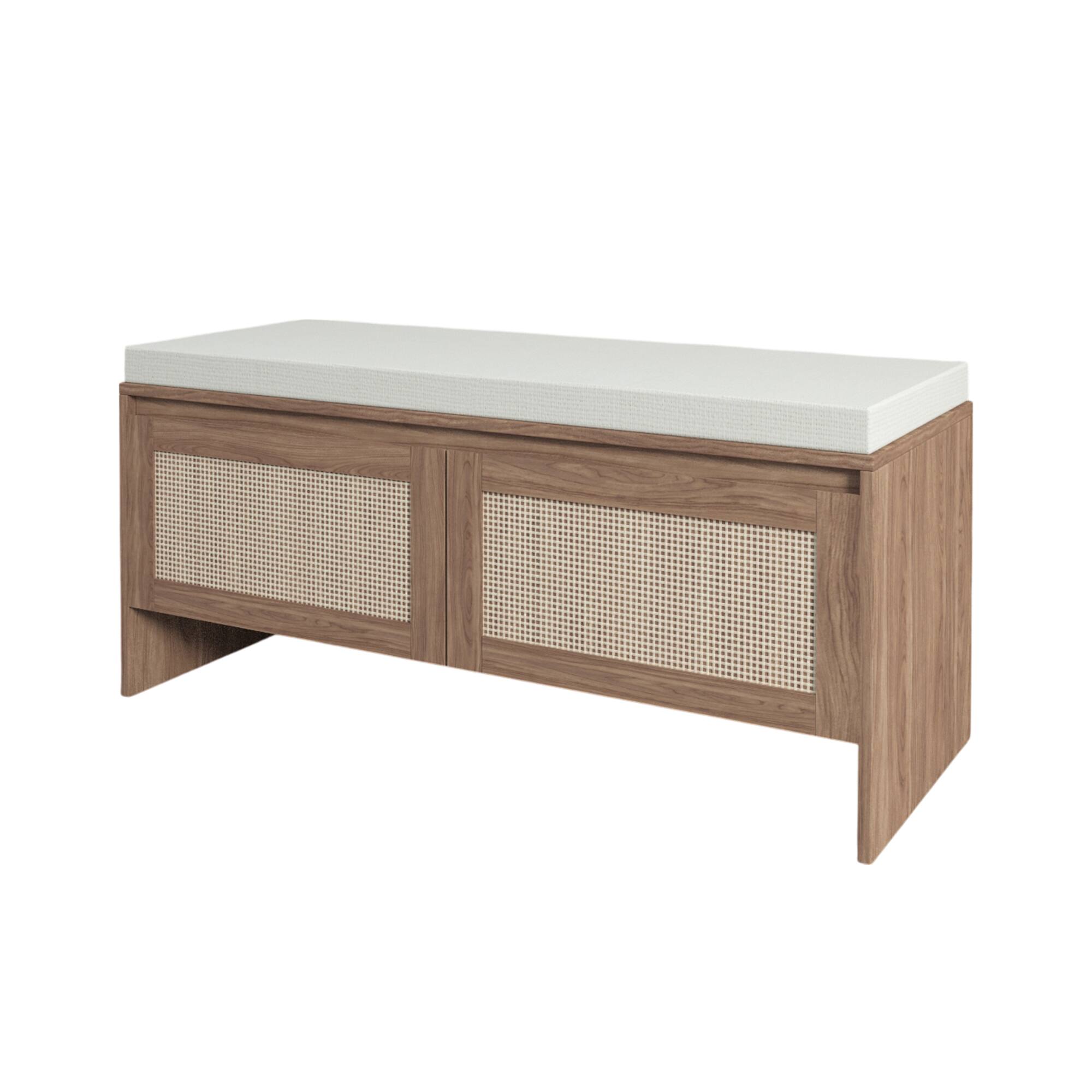 Angle. Whisen - Entryway Shoe Storage Bench with Faux Rattan Doors, Cushioned Seat Cabinet Organizer - Natural.