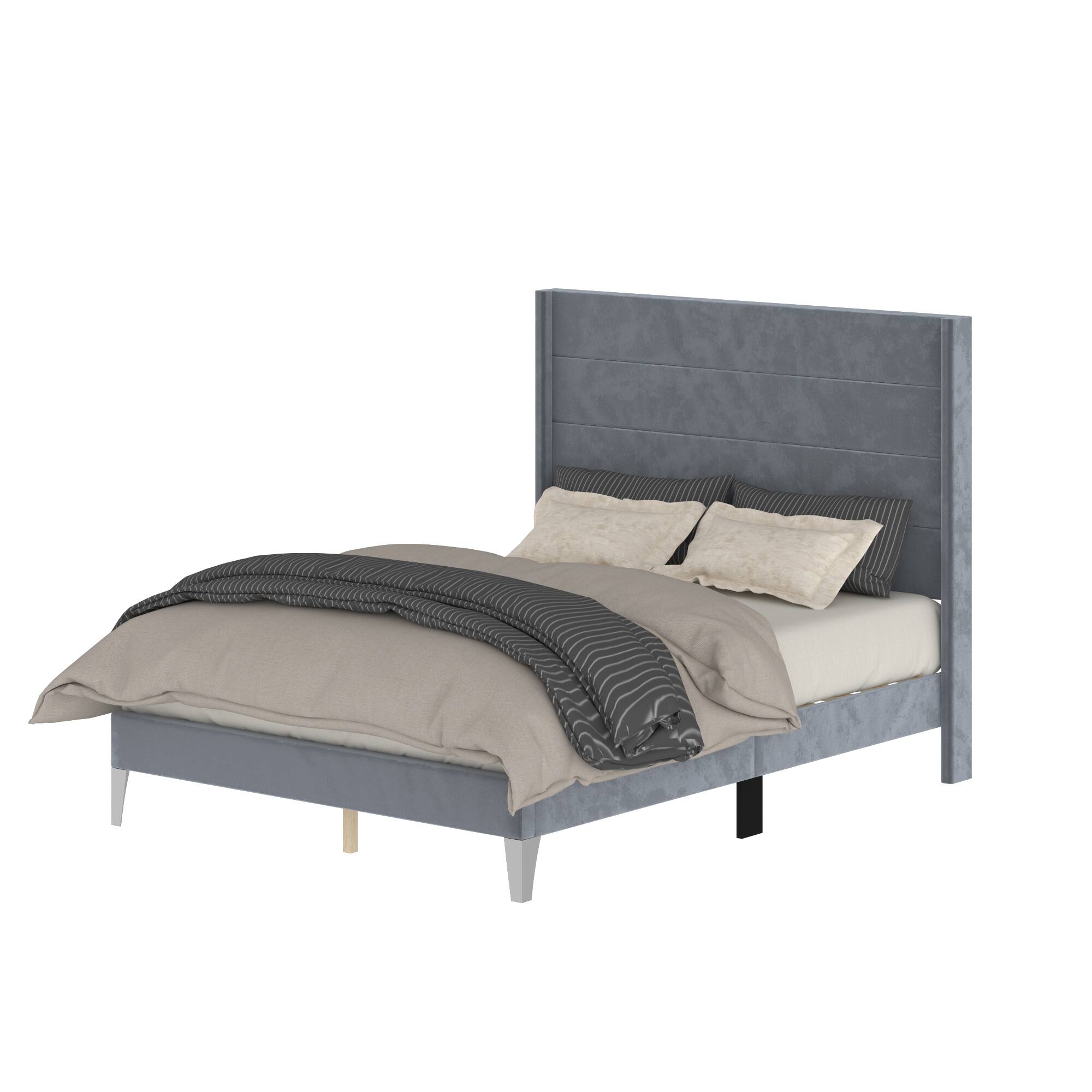 Left. Famapy - Famapy Upholstered Bed Frame - Thickened Slats, Stable Support, Soft Headboard - Blue.
