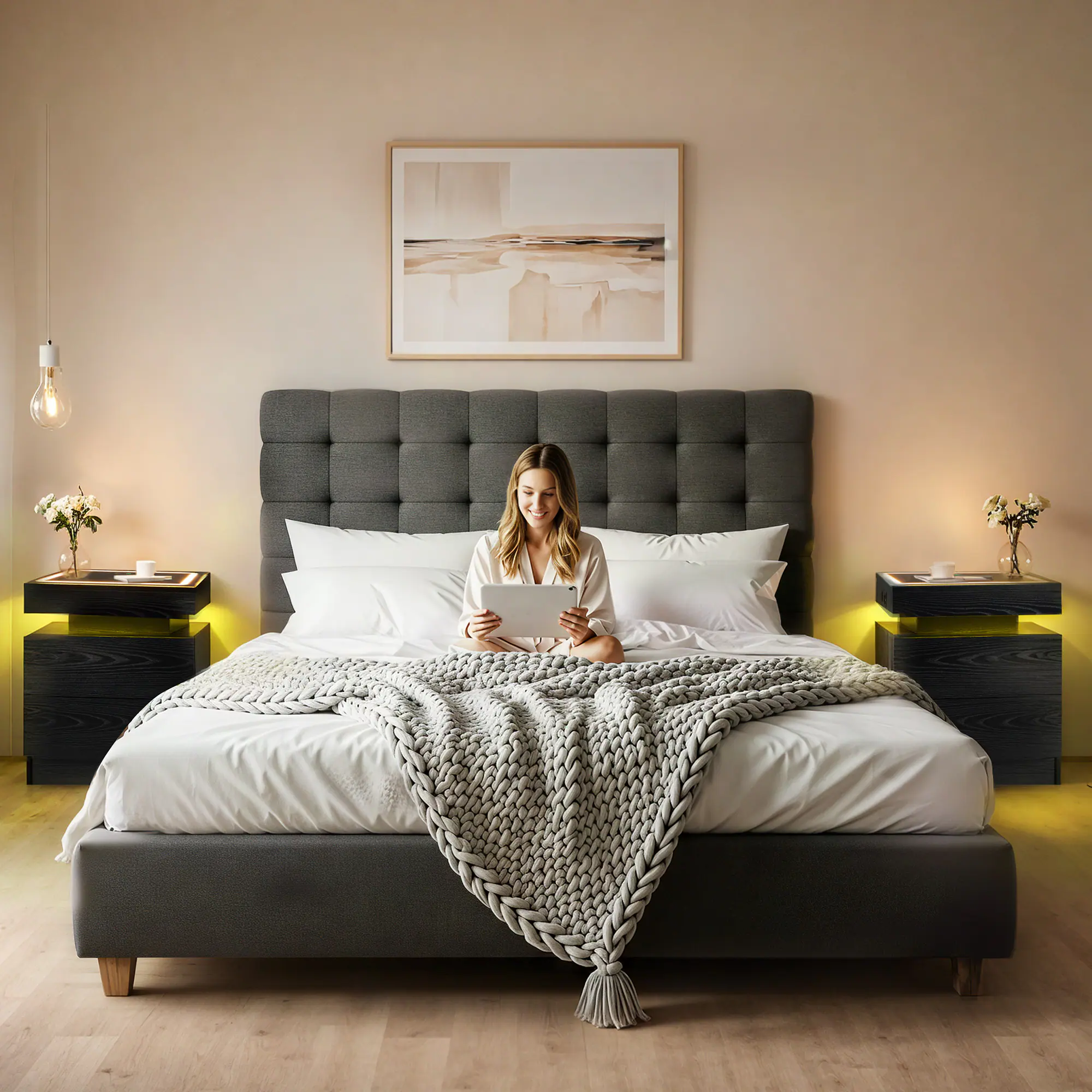 Alt View 6. U-HOMY - Modern Fluted Nightstand with Drawer and Charging Station, Bedside Table with USB Ports and Storage Shelf, Set of 2 - Brown.