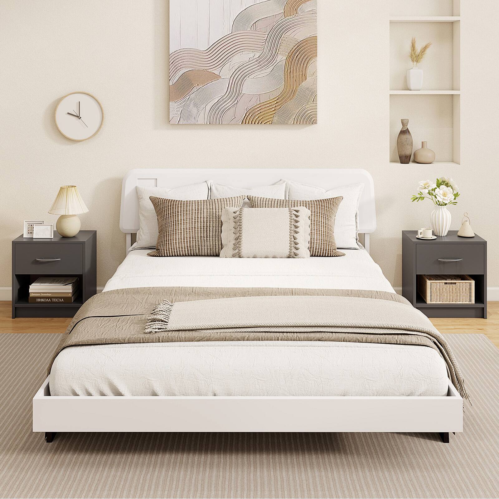 Alt View 1. Gymax - Gymax 2 PCS Nightstand w/ Drawer Side Table w/ Slide-out Drawer Open Storage Shelf Gray - Gray.