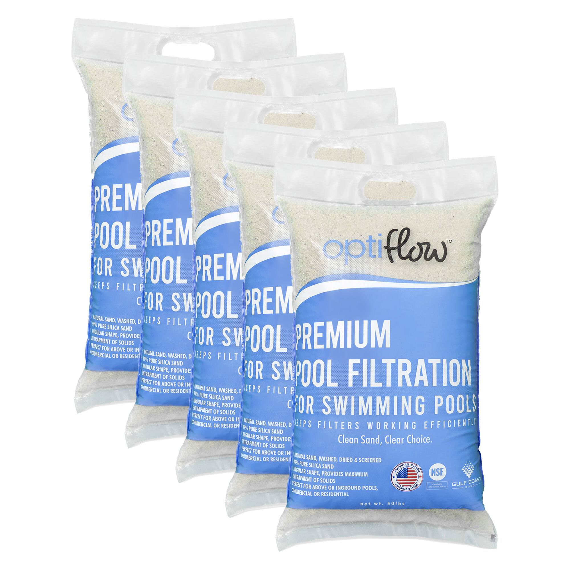 **OptiFlow™ Premium Pool Filtration for Swimming Pools**

- **Natural Sand, Washed, Dried & Screened**
- **99% Pure Silica Sand**
- **Irregular Shape, Provides Maximum Efficiency of Solids Removal for Above or Inground Pools**
- **Commercial or Residential**
- **Clean Sand, Clear Choice.**

**NSF Certified**
**Gulf Coast Sand**

**Net Wt. 50 lbs**