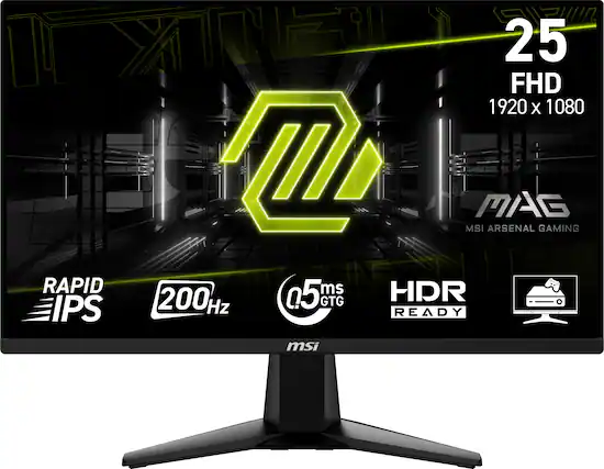 The text on the image reads: "RAPID IPS 25 FHD 1920 X 1080 m MSI MAS ARSENAL GAMING 5 ms HDR 200Hz GTG READY msi."
