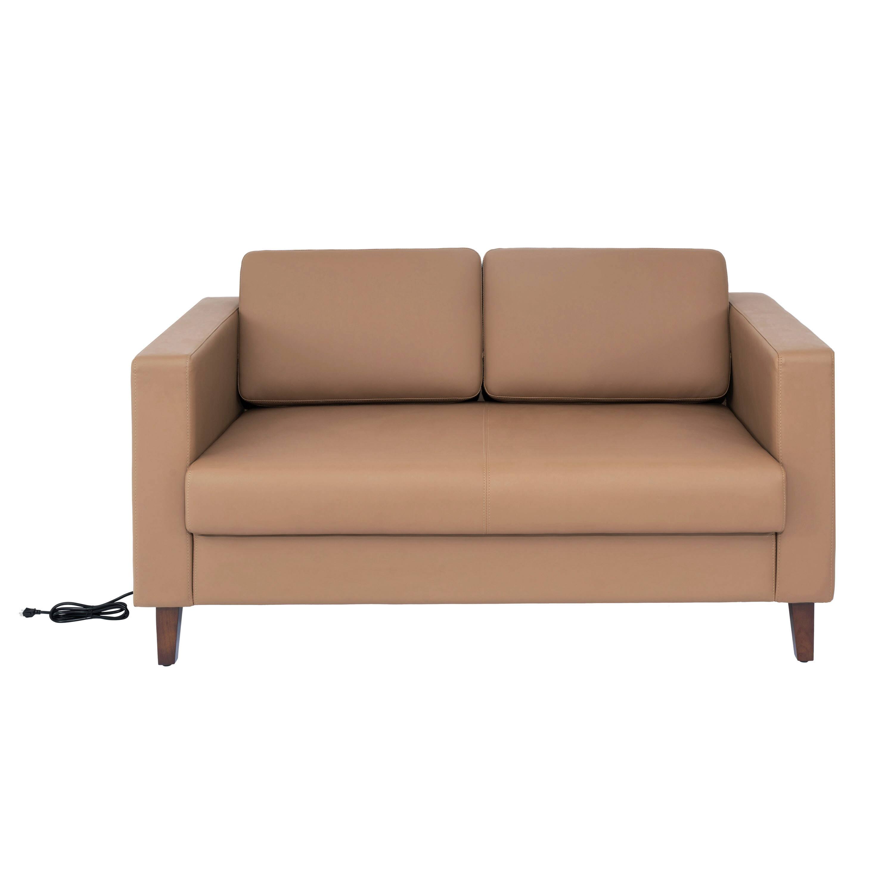 Angle. Flash Furniture - HERCULES Artemis Cognac LeatherSoft Reception Loveseat with 2 AC Outlets/1 USB/1 USB-C Ports and Solid Wood Walnut Legs - Brown.
