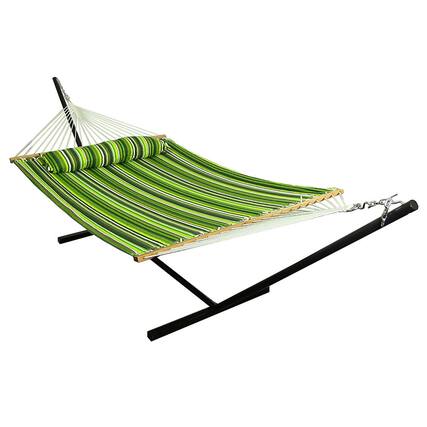Front. Sunnydaze - 2-Person Quilted Fabric Hammock with Steel Stand - Melon Stripe.