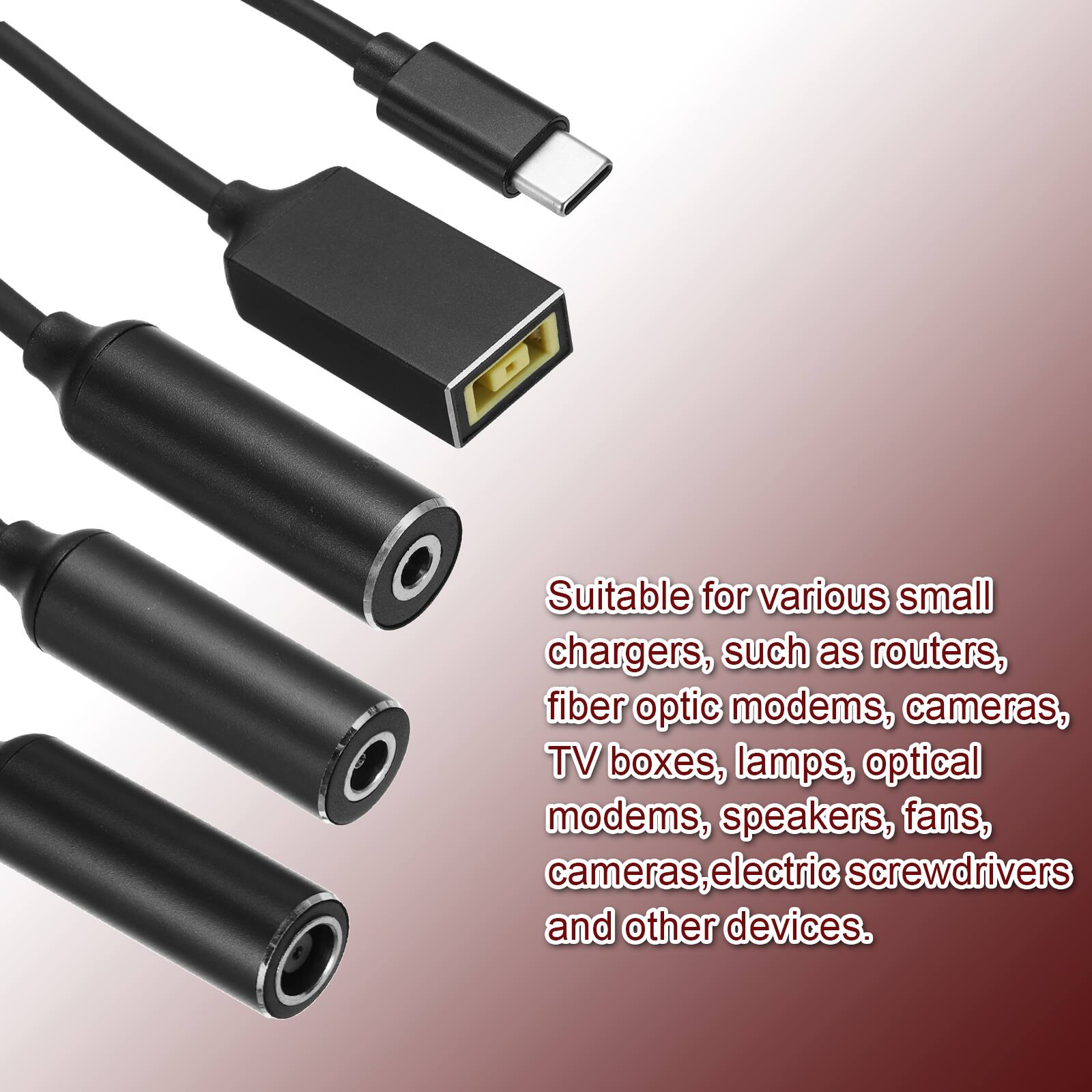 Suitable for various small chargers, such as routers, fiber optic modems, cameras, TV boxes, lamps, optical modems, speakers, fans, cameras, electric screwdrivers, and other devices.
