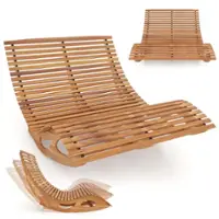 Costway Outdoor Double Chaise Lounge for 2 with High Back Slatted Seat Stopper for Patio - Natural - Front_Zoom