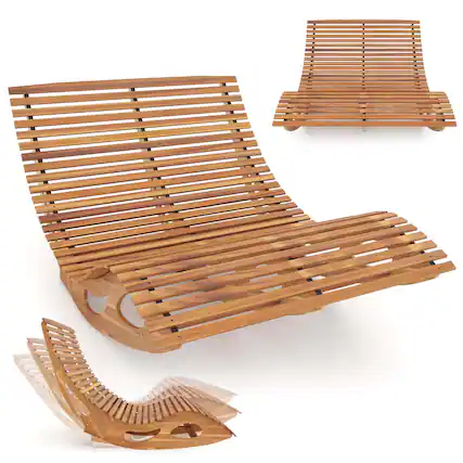 Front. Costway - Outdoor Double Chaise Lounge for 2 with High Back Slatted Seat Stopper for Patio - Natural.