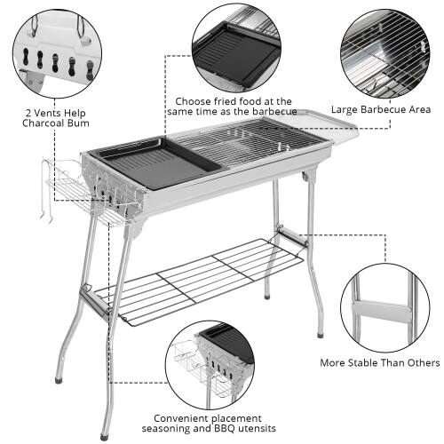 I 2 Vents Help Charcoal Burn  
Choose fried food at the same time as the barbecue  
Large Barbecue Area  
More Stable Than Others  
Convenient placement seasoning and BBQ utensils