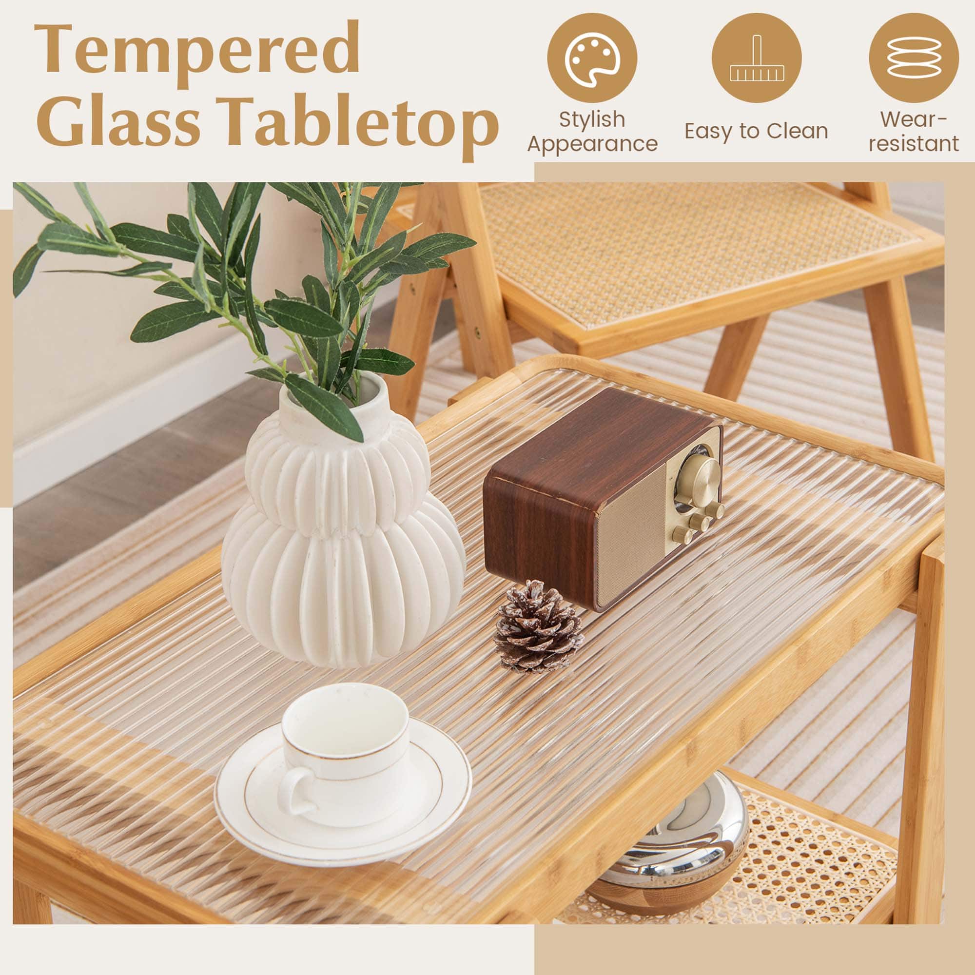 Tempered Glass Tabletop: Stylish, Wear-Resistant, Easy to Clean, Resistant.