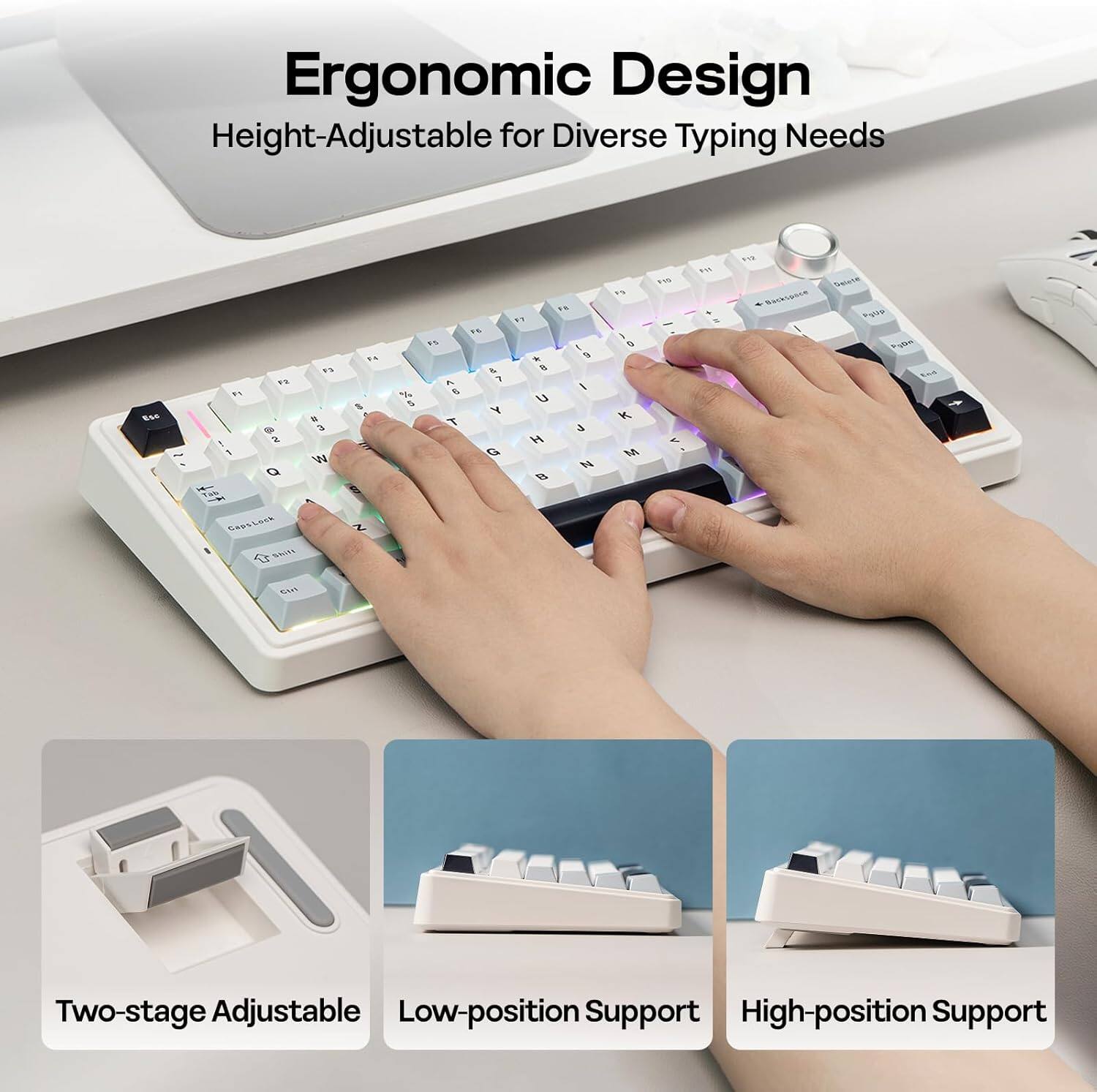 Ergonomic Design  
Height-Adjustable for Diverse Typing Needs  

Two-stage Adjustable  
Low-position Support  
High-position Support