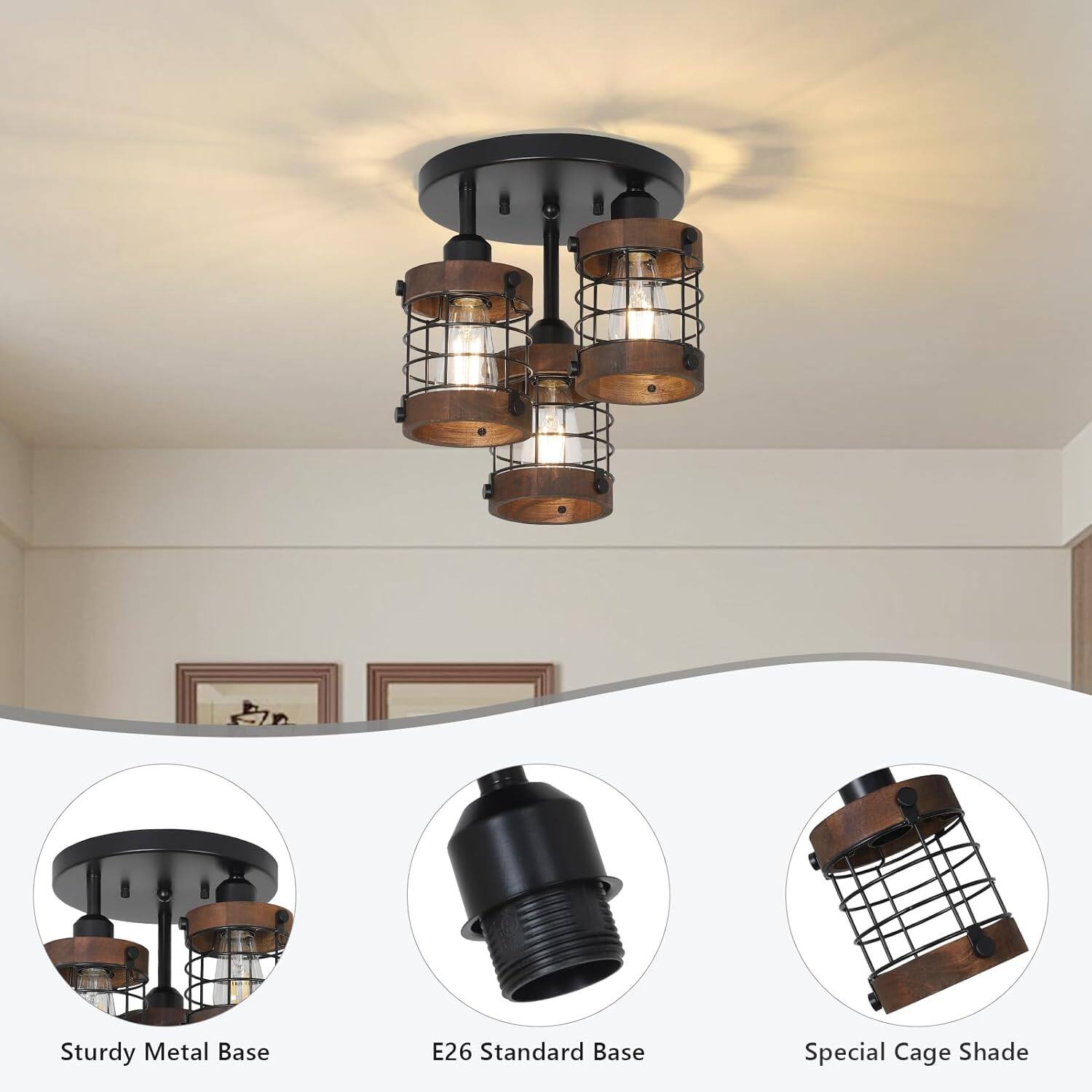 Sturdy Metal Base  
E26 Standard Base  
Special Cage Shade