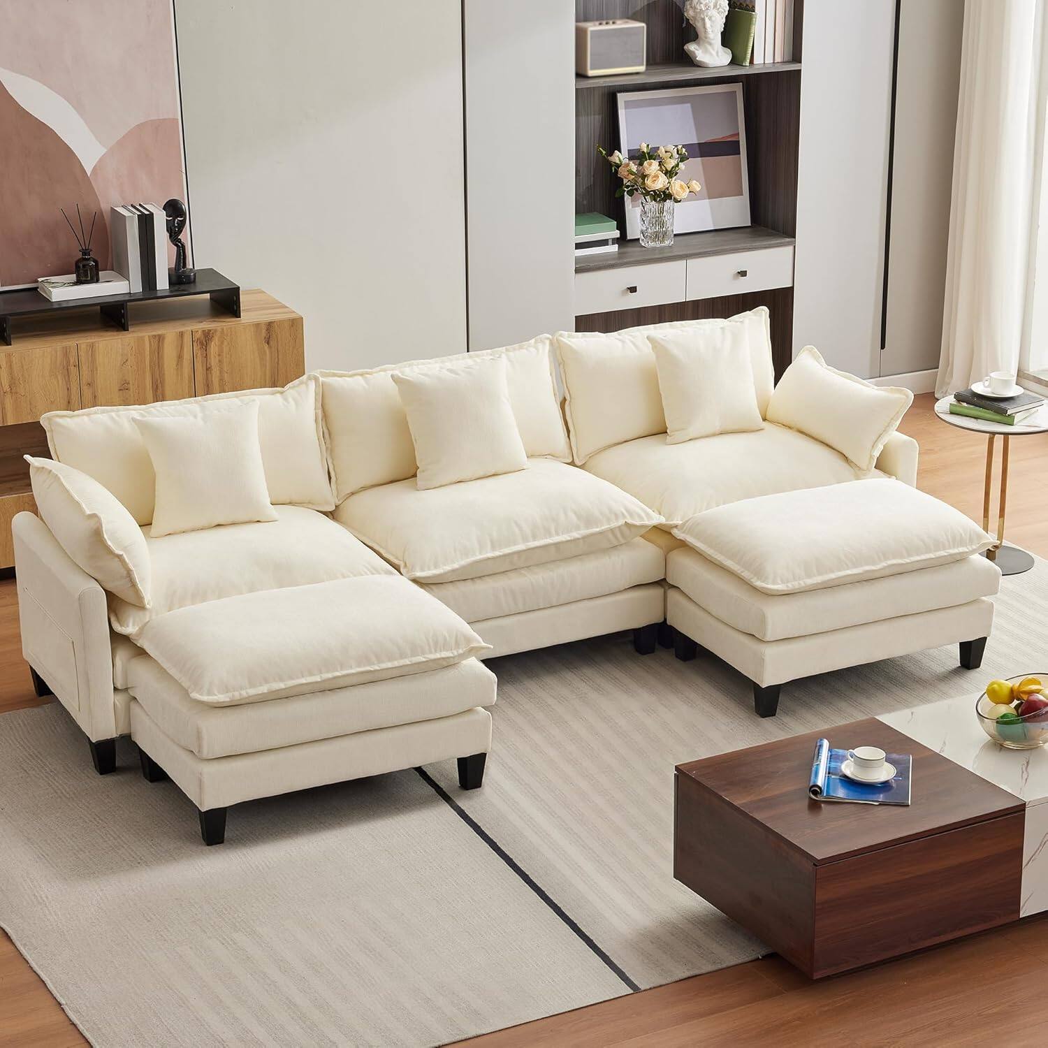 Front. Homhougo - 112.2-Inch Modular Sectional Sofa, 3-Seater Chenille Couch with Throw Pillows & 2 Ottomans, U-Shaped, Beige - Beige.