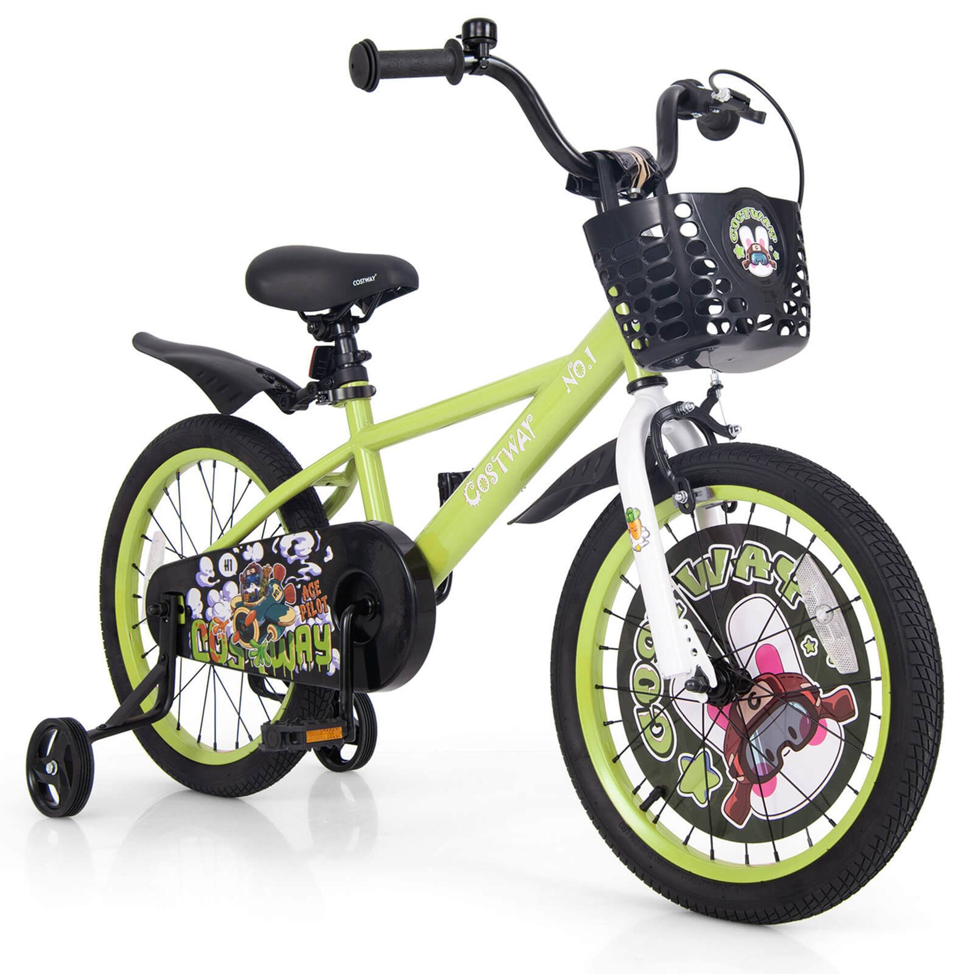 Costway - 18" Kid's Bike for 4-8 with Height-Adjustable Handlebar & Saddle Handbrake - Green