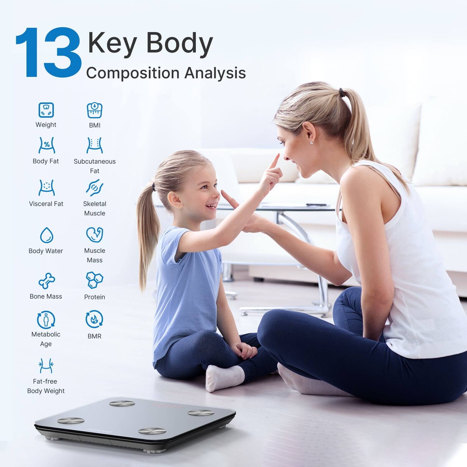 13 Key Body Composition Analysis: Weight, BMI, Body Fat, Subcutaneous Fat, Visceral Fat, Skeletal Muscle, Body Water, Muscle Mass, Bone Mass, Protein, Metabolic Age, BMR, Fat-free Body Weight