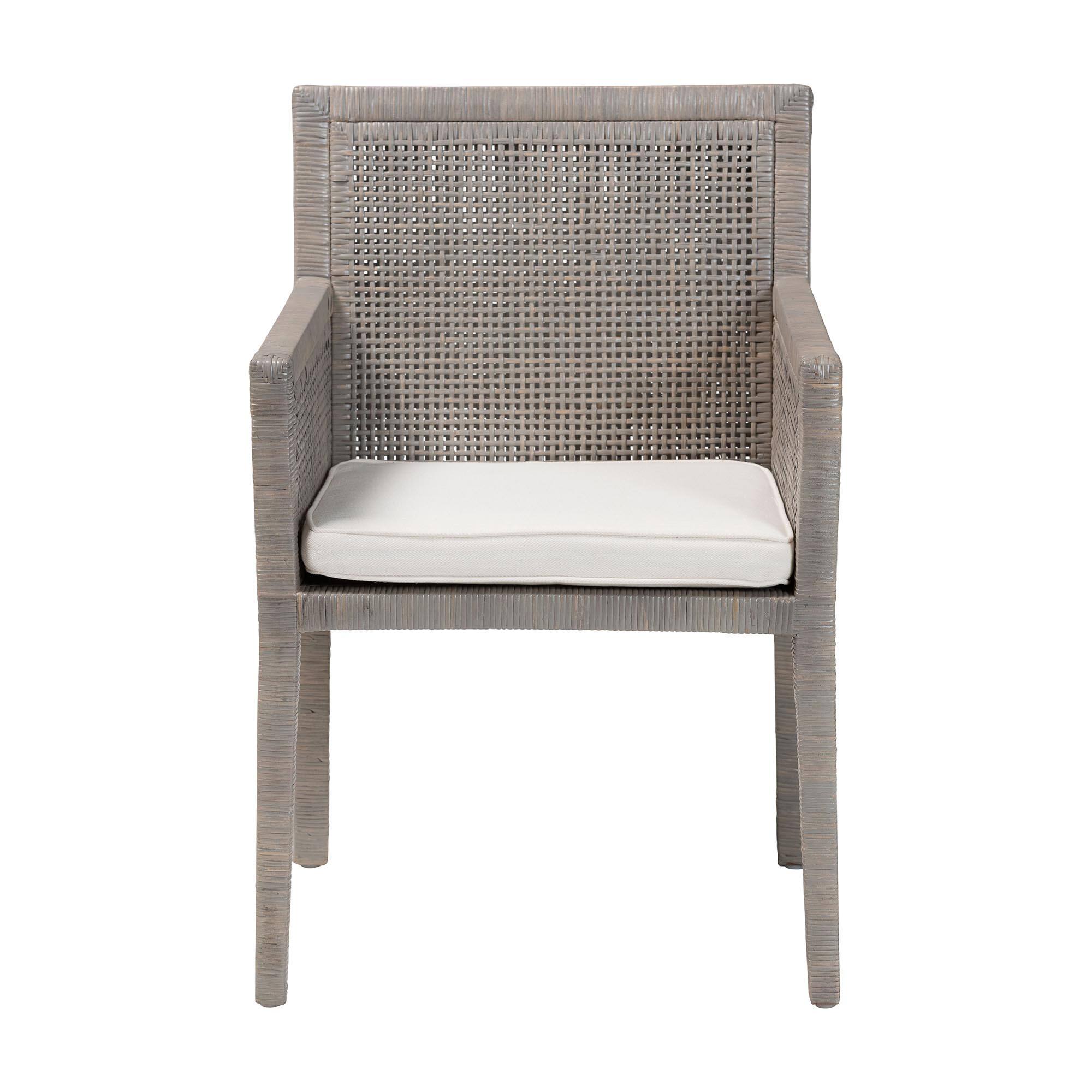 Angle. bali & pari - Karis Rattan Dining Chair with Cushion - Handwoven Wicker Armchair with Mahogany Wood Frame - French Grey.