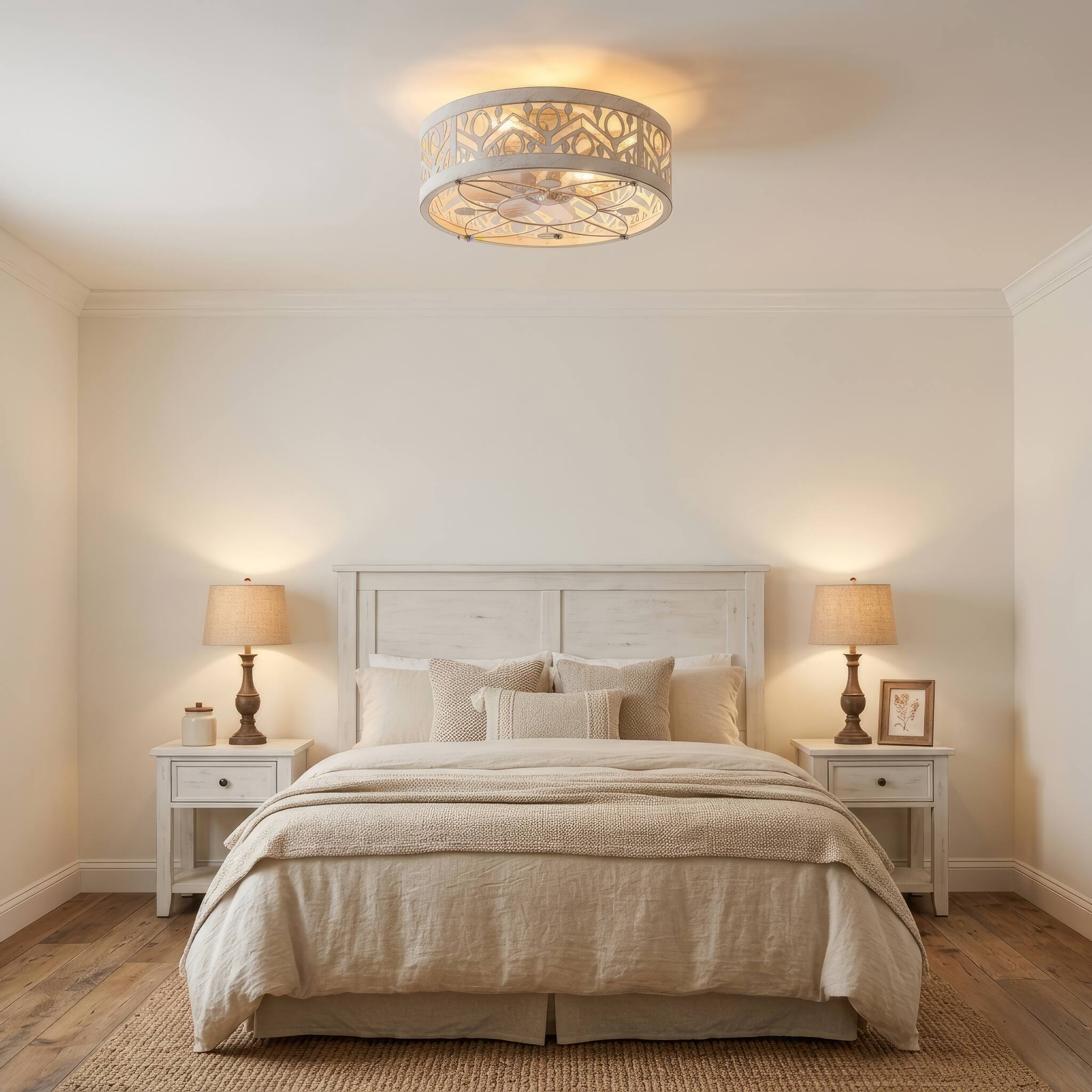 Left. Breezary - 16.5'' Indoor Caged Ceiling Fan with  7-Blade, Reversible DC Motor, 6-Speed Remote Control,Timer - Distressed White and Gold.