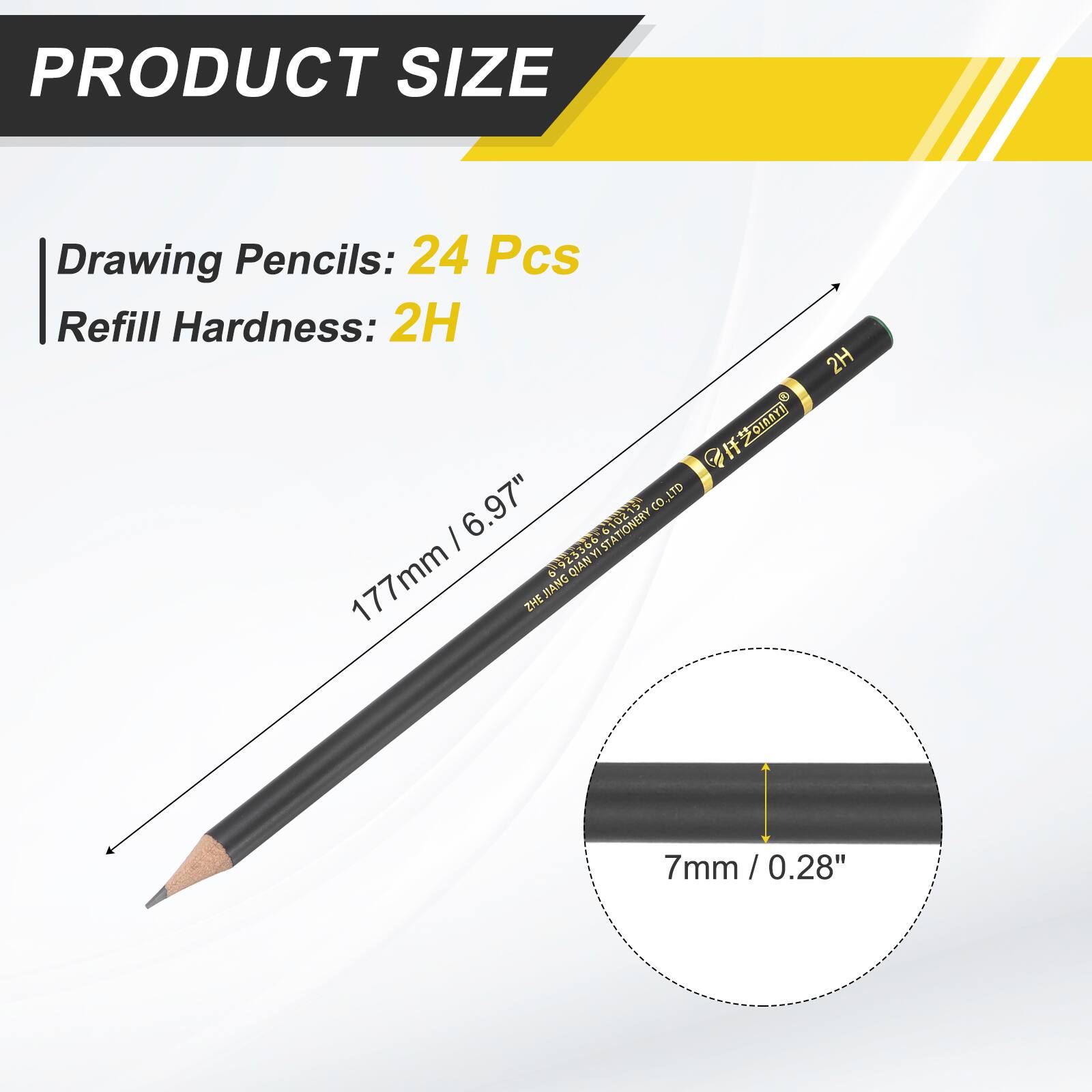 PRODUCT SIZE  
Drawing Pencils: 24 Pcs  
Refill Hardness: 2H  

177mm / 6.97"  
7mm / 0.28"
