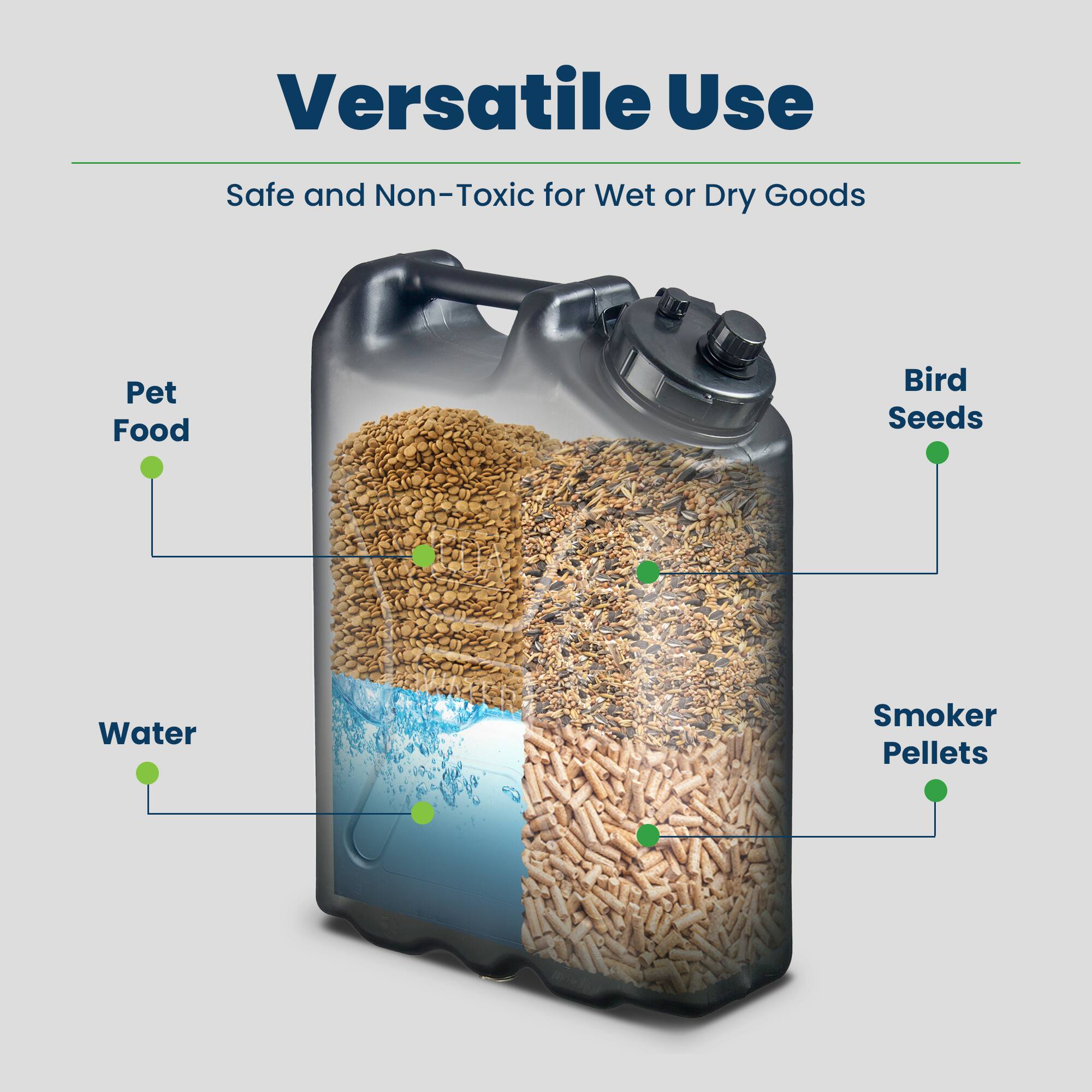 Versatile Use  
Safe and Non-Toxic for Wet or Dry Goods  

- Pet Food  
- Bird Seeds  
- Water  
- Smoker Pellets