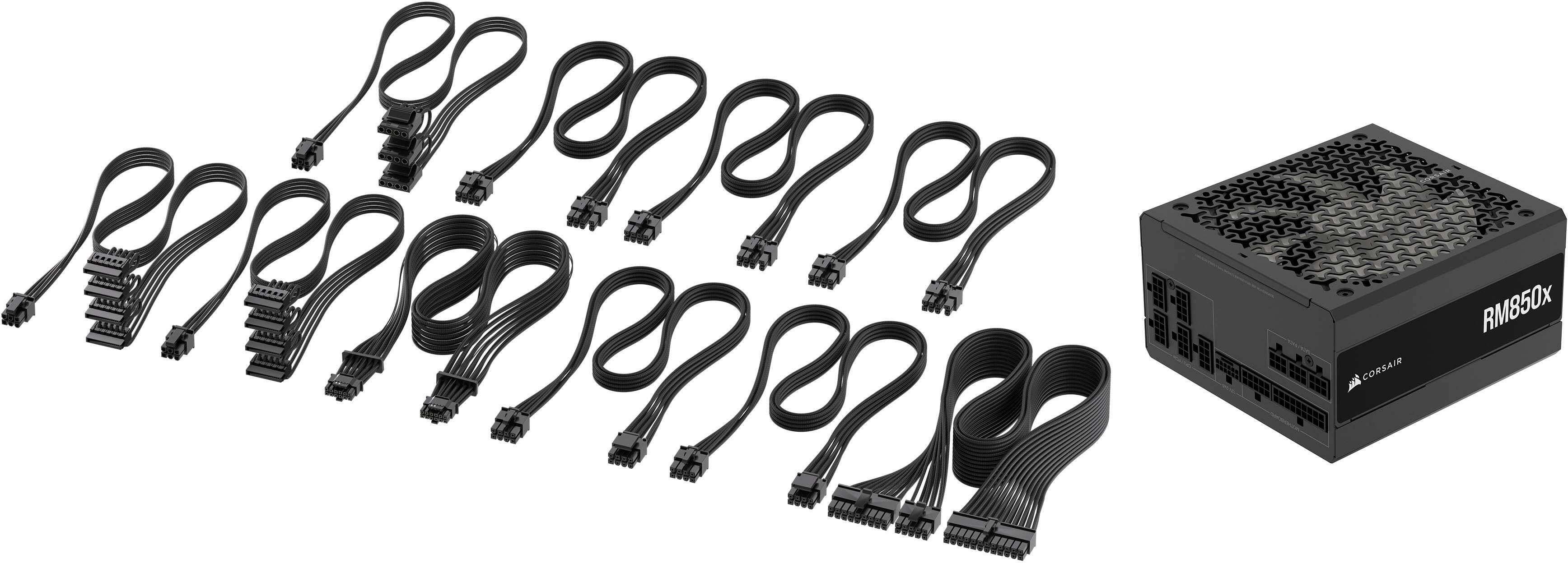 The image shows a variety of Corsair products, including a box and several cords. There are a total of 12 cords, with some of them being black and white. The cords are arranged in a row, and they are all connected to a single box. The box is placed in the middle of the scene, surrounded by the cords. The arrangement suggests that these cords are part of a larger electronic system or setup.