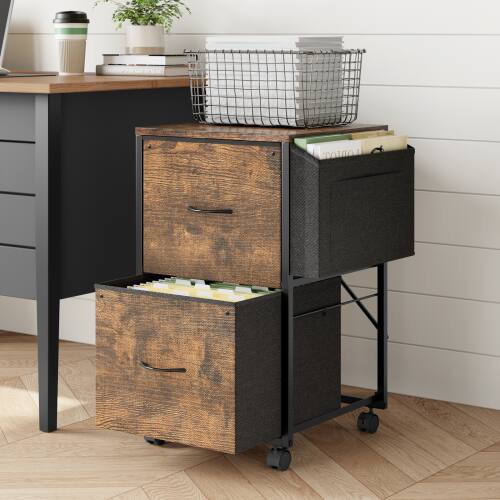 Alt View 6. Winado - Mobile Wood 2-Drawer Rolling Organizer File Cabinet with with 2 Fabric Drawers, Side Bag Under-Desk Storage for Office - Rustic Brown.