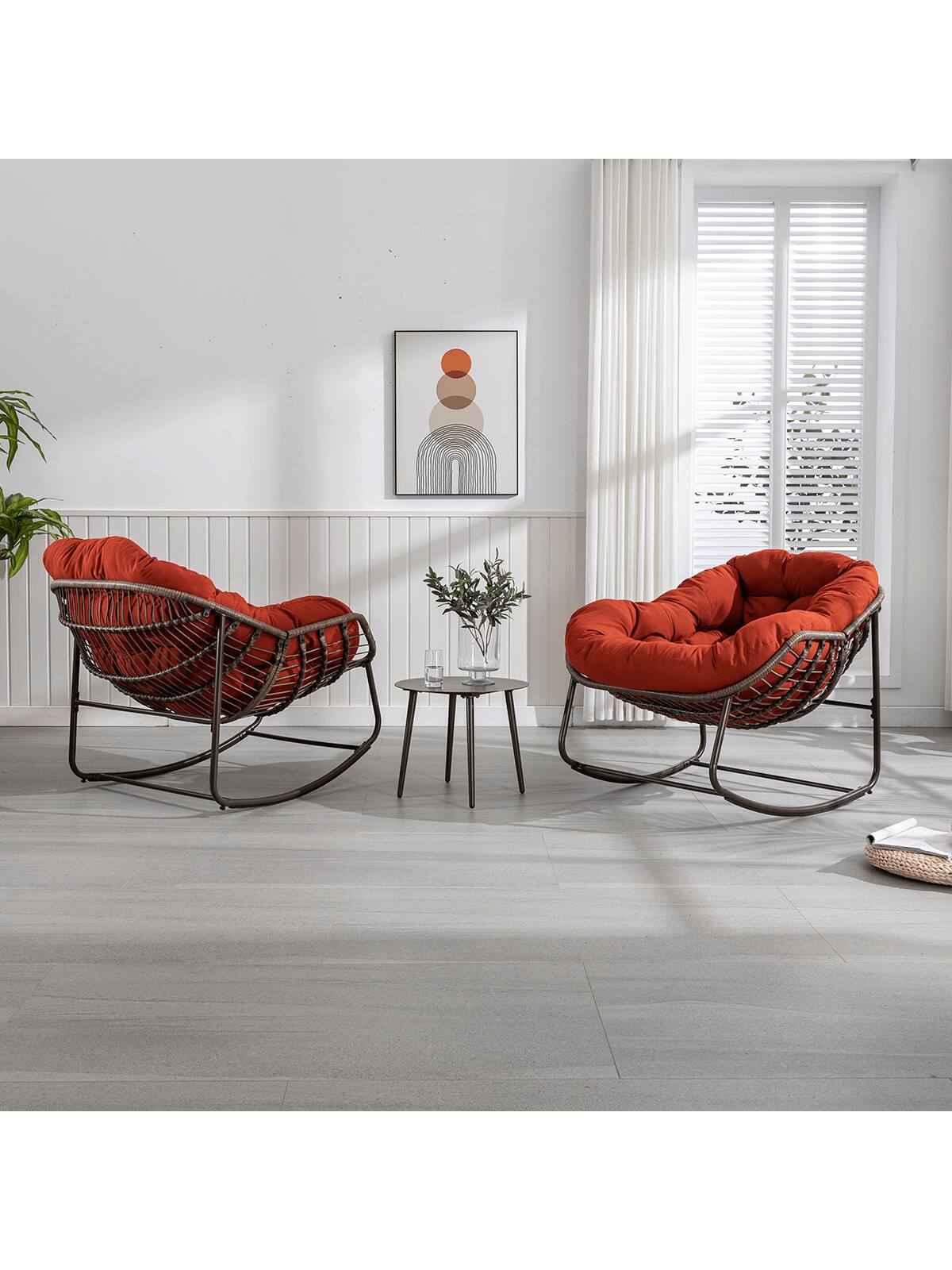 Left. Trinkets Crazed - Outdoor Patio Rocking Chair Set Of 2,Comfy Wicker Rocker Chair With Padded Cushion,Oversized Rattan Papasan Egg Chair - Orange.