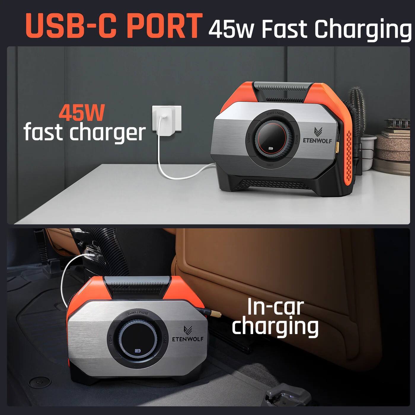USB-C PORT  
45W Fast Charging  

45W fast charger  

In-car charging  

ETENWOLF