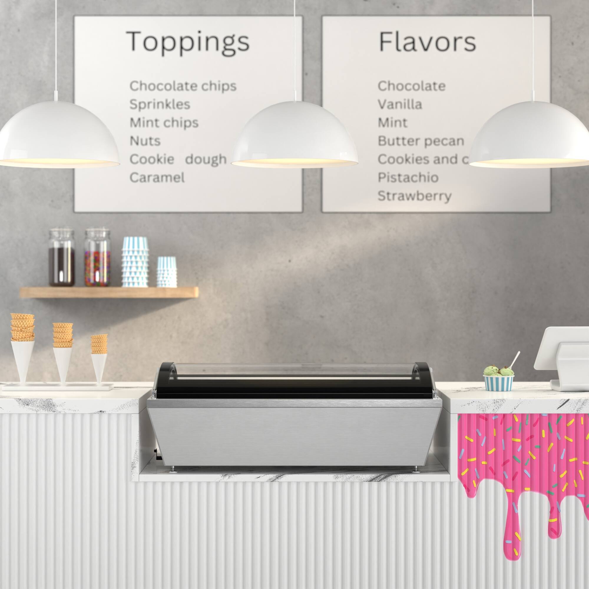 Toppings: Chocolate chips, Sprinkles, Mint chips, Nuts, Cookie dough, Caramel

Flavors: Chocolate, Vanilla, Mint, Butter pecan, Cookies and cream, Pistachio, Strawberry