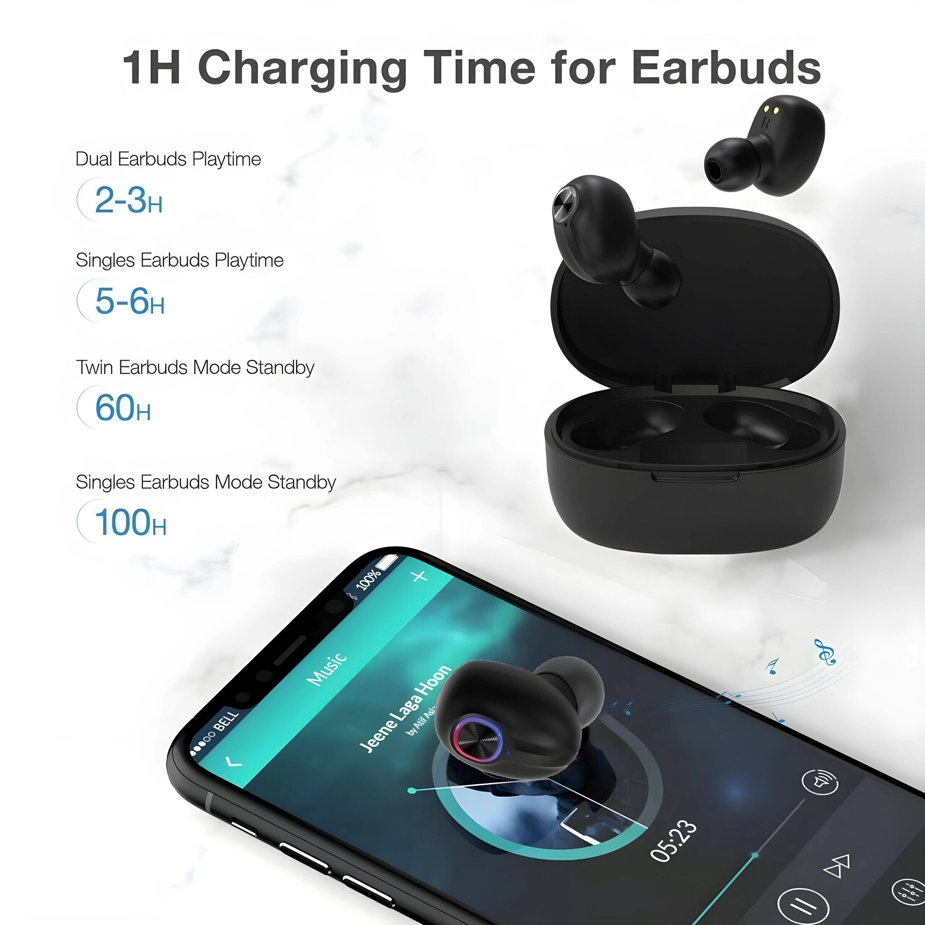 1H Charging Time for Earbuds

- Dual Earbuds Playtime: 2-3H
- Singles Earbuds Playtime: 5-6H
- Twin Earbuds Mode Standby: 60H
- Singles Earbuds Mode Standby: 100H

Music: Hoon Laga Aed 2 Jeene by 05:23