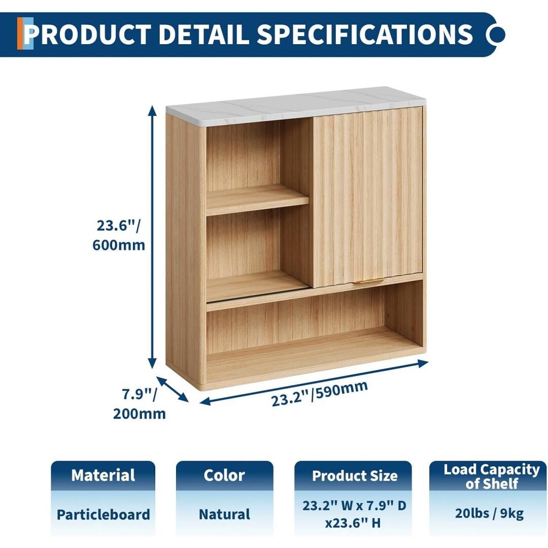 **PRODUCT DETAIL SPECIFICATIONS**

- **Material:** Particleboard
- **Color:** Natural
- **Product Size:** 23.2" W x 7.9" D x 23.6" H
- **Load Capacity of Shelf:** 20lbs / 9kg

**Dimensions:**
- Height: 23.6" / 600mm
- Depth: 7.9" / 200mm
- Width: 23.2" / 590mm
