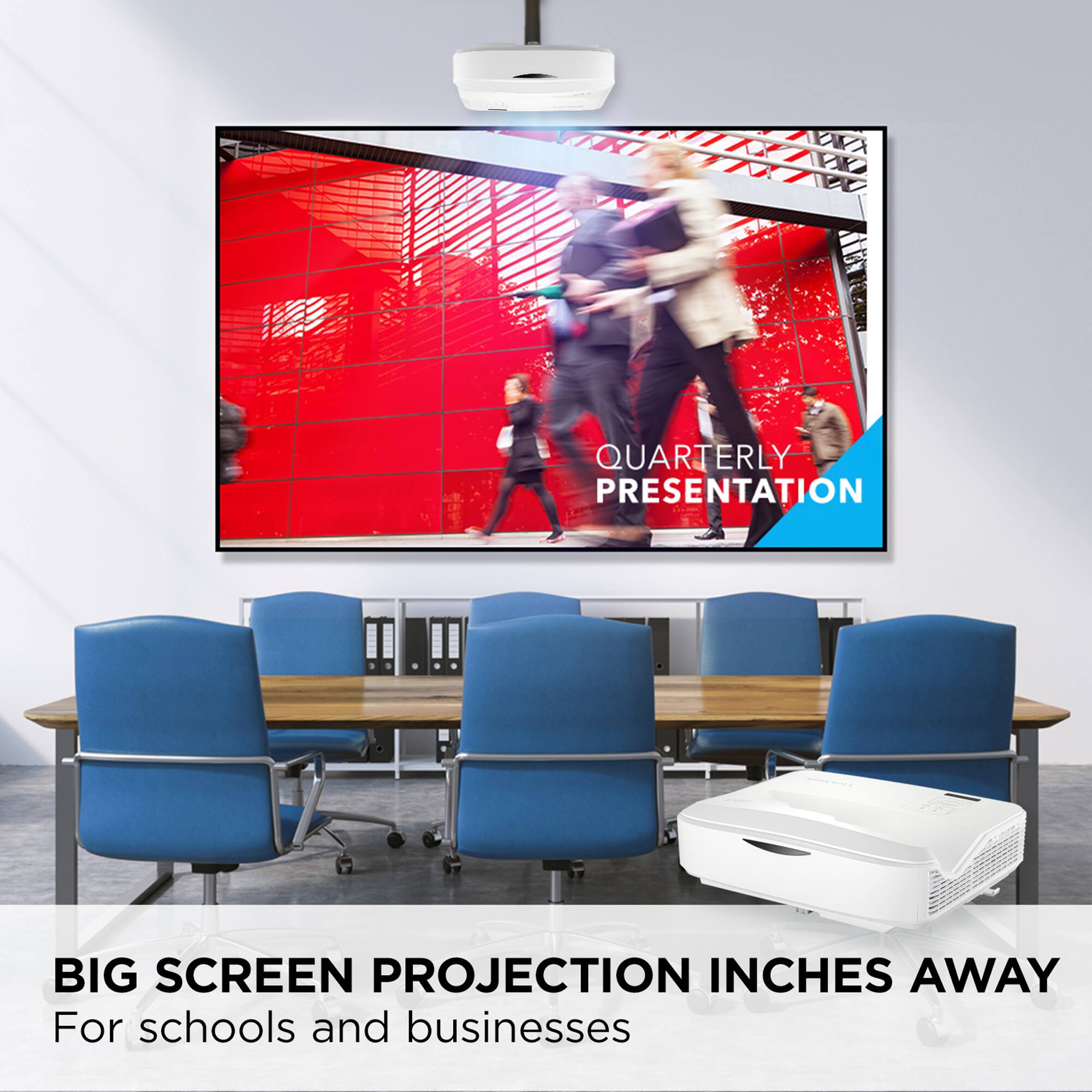 Quarterly Presentation Big Screen Projection Inches Away for Schools and Businesses