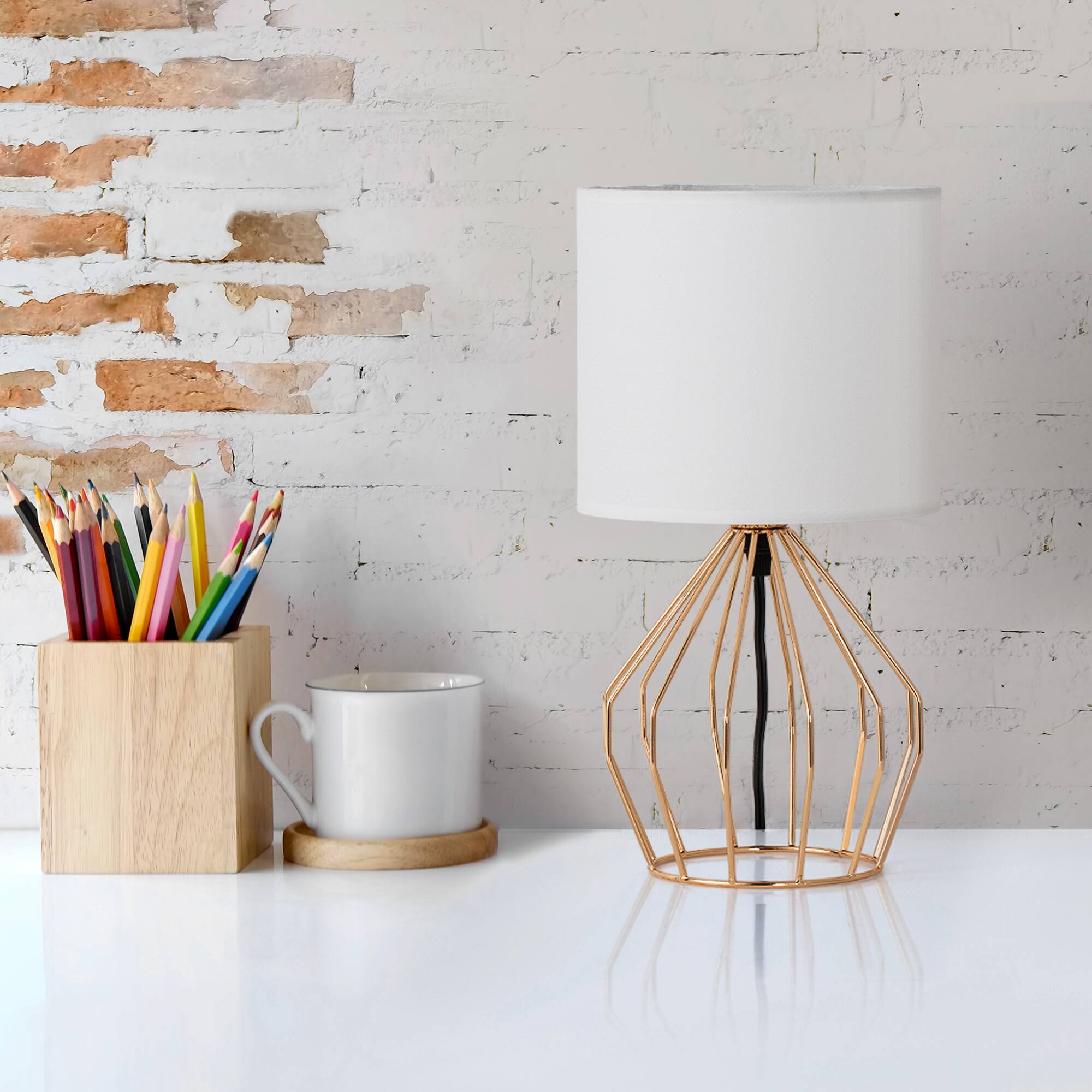 Back. Oumilen - Modern Geometric Rose Gold Table Lamp – White Shade with In-Line Switch for Bedroom, Living Room.