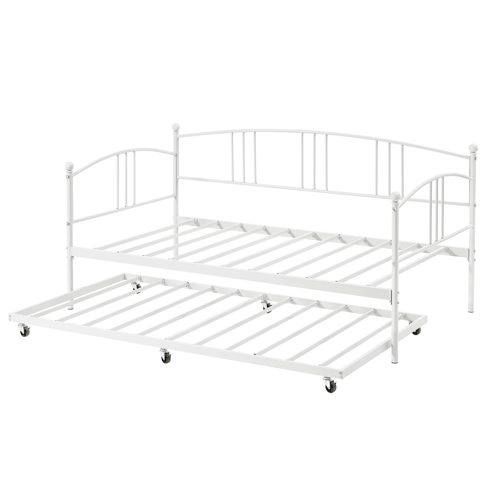 Alt View 1. Homhougo - Twin Rectangular Twin Metal Daybed with Trundle, Sofa Bed Frame with 6 Casters and Steel Slat Support - White.