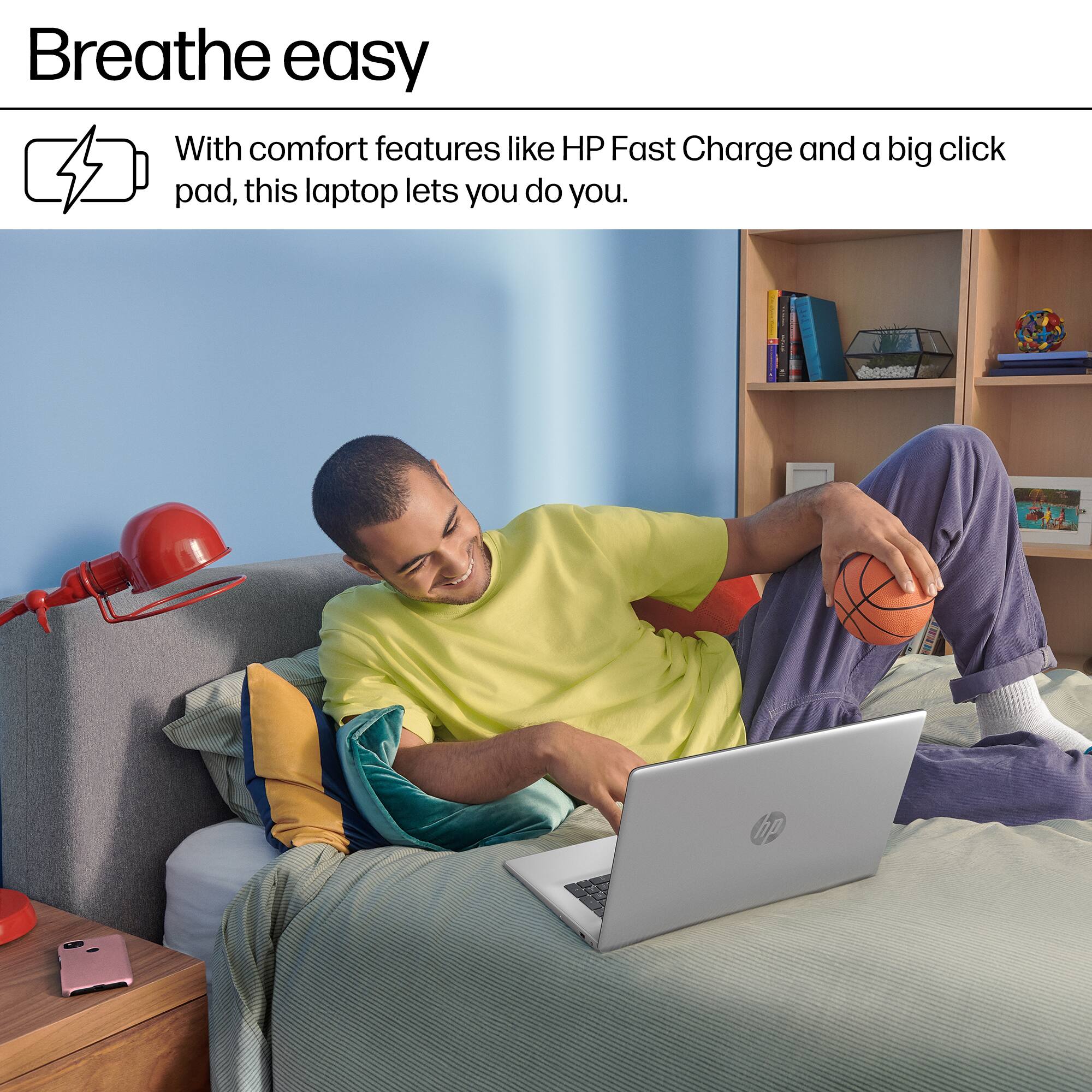 Breathe easy with comfort features like HP Fast Charge and a big click pad, this laptop lets you do you.
