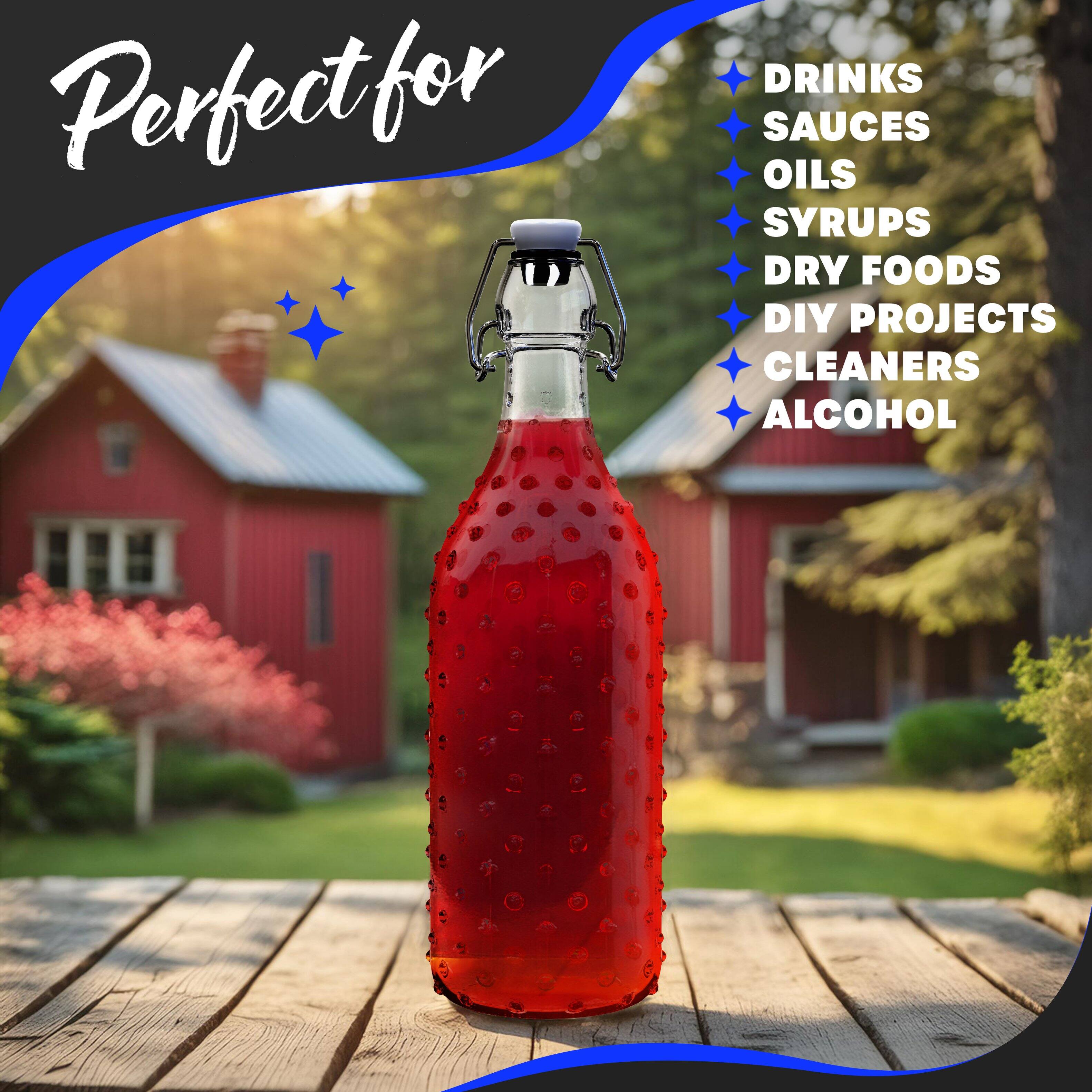 Perfect for  
- DRINKS  
- SAUCES  
- OILS  
- SYRUPS  
- DRY FOODS  
- DIY PROJECTS  
- CLEANERS  
- ALCOHOL