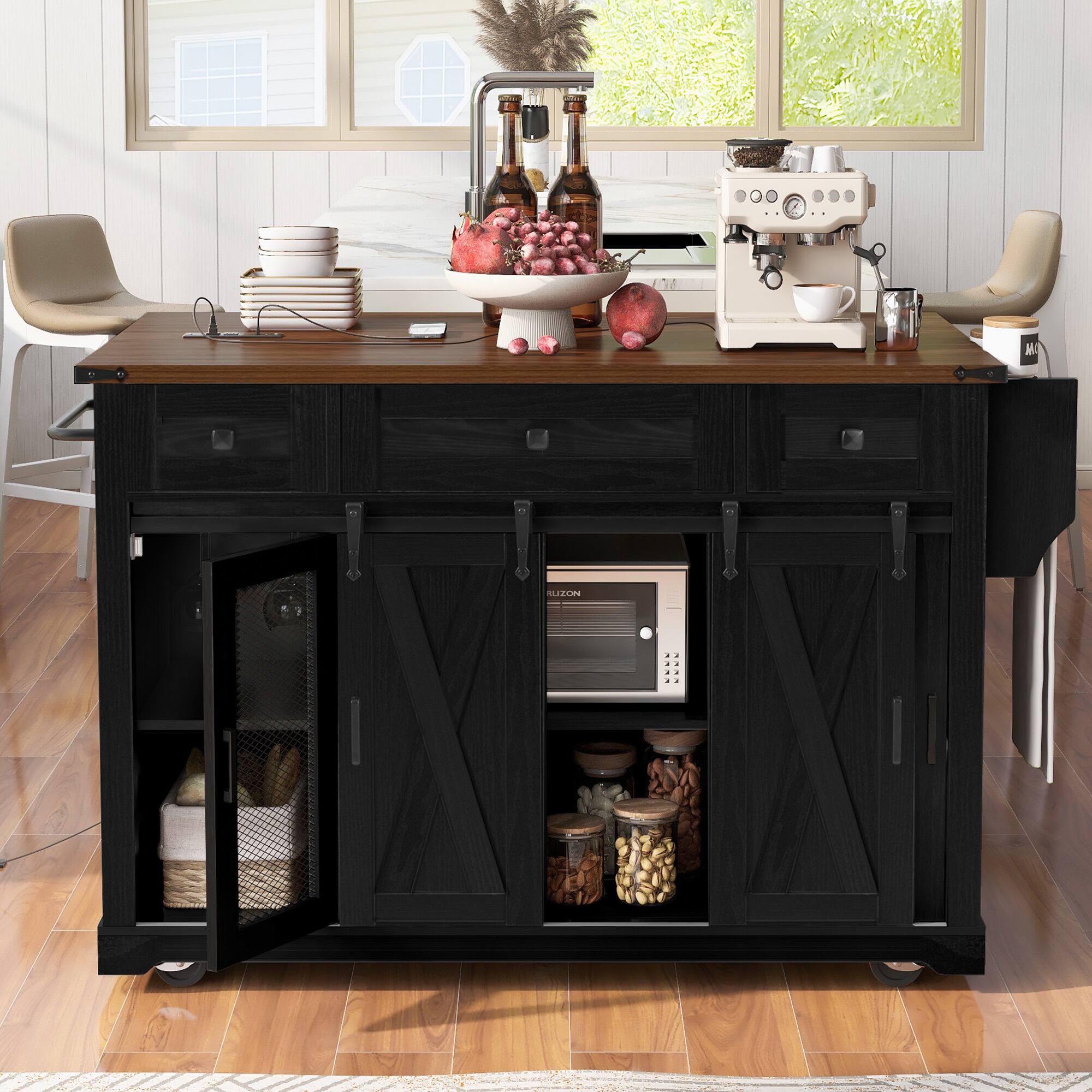 Front. PexFix - 58" Farmhouse Kitchen Island Cart with Sliding Barn Door, Drop Leaf and 5-Wheel Mobility - Black.